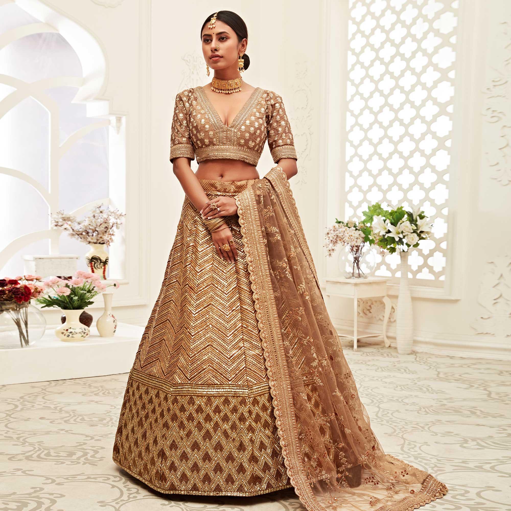 Peachmode Brown Wedding Wear Floral Sequins Embroidered Slub Silk Lehenga Choli