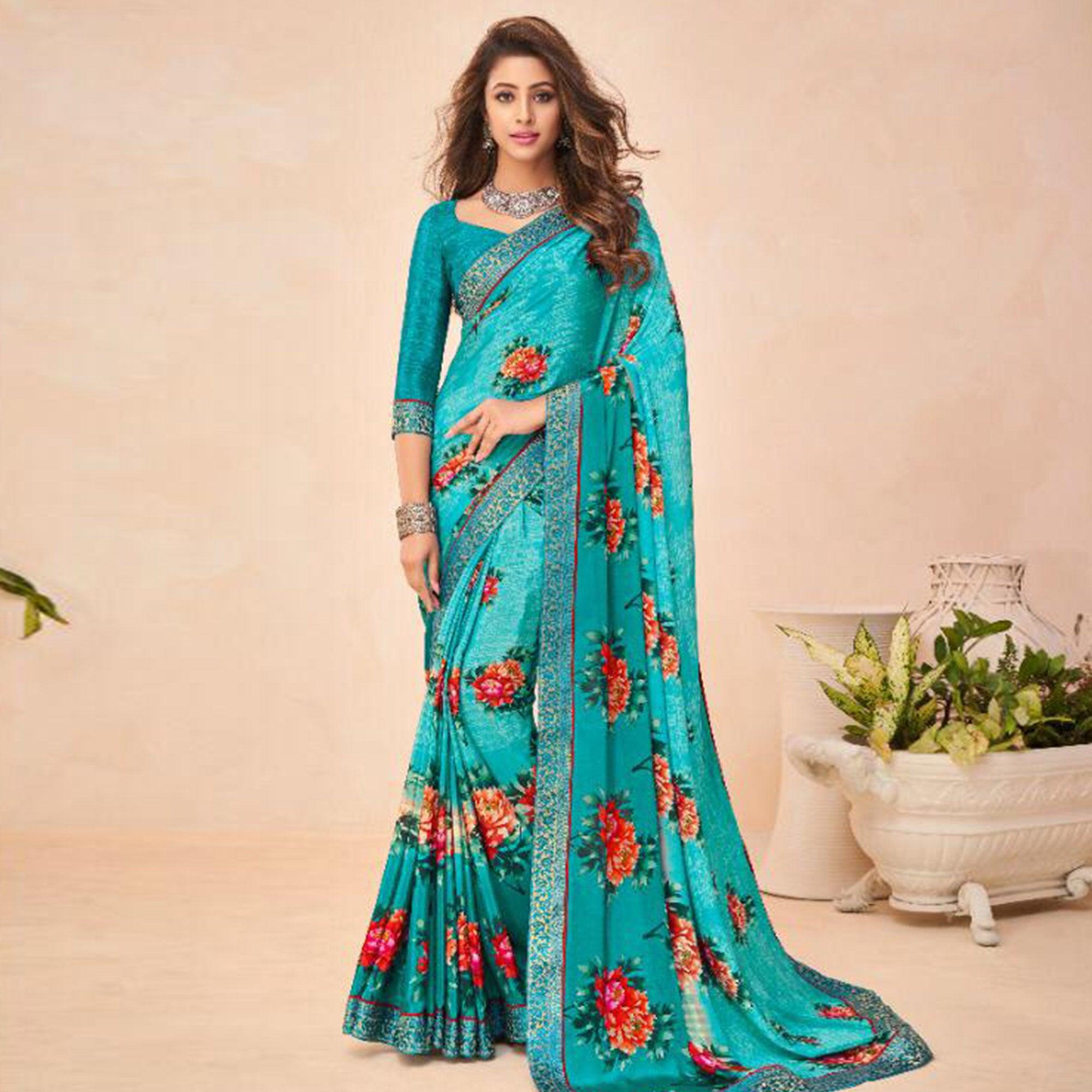 Peachmode Fantastic Blue Coloured Casual Wear Printed Crepe Saree