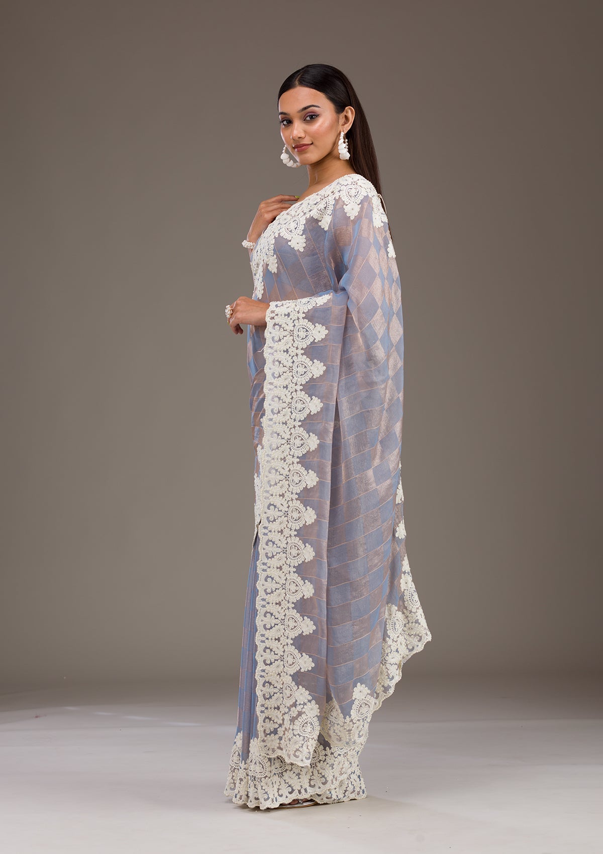 Koskii Grey Pearlwork Tissue Saree – Women's - view 8