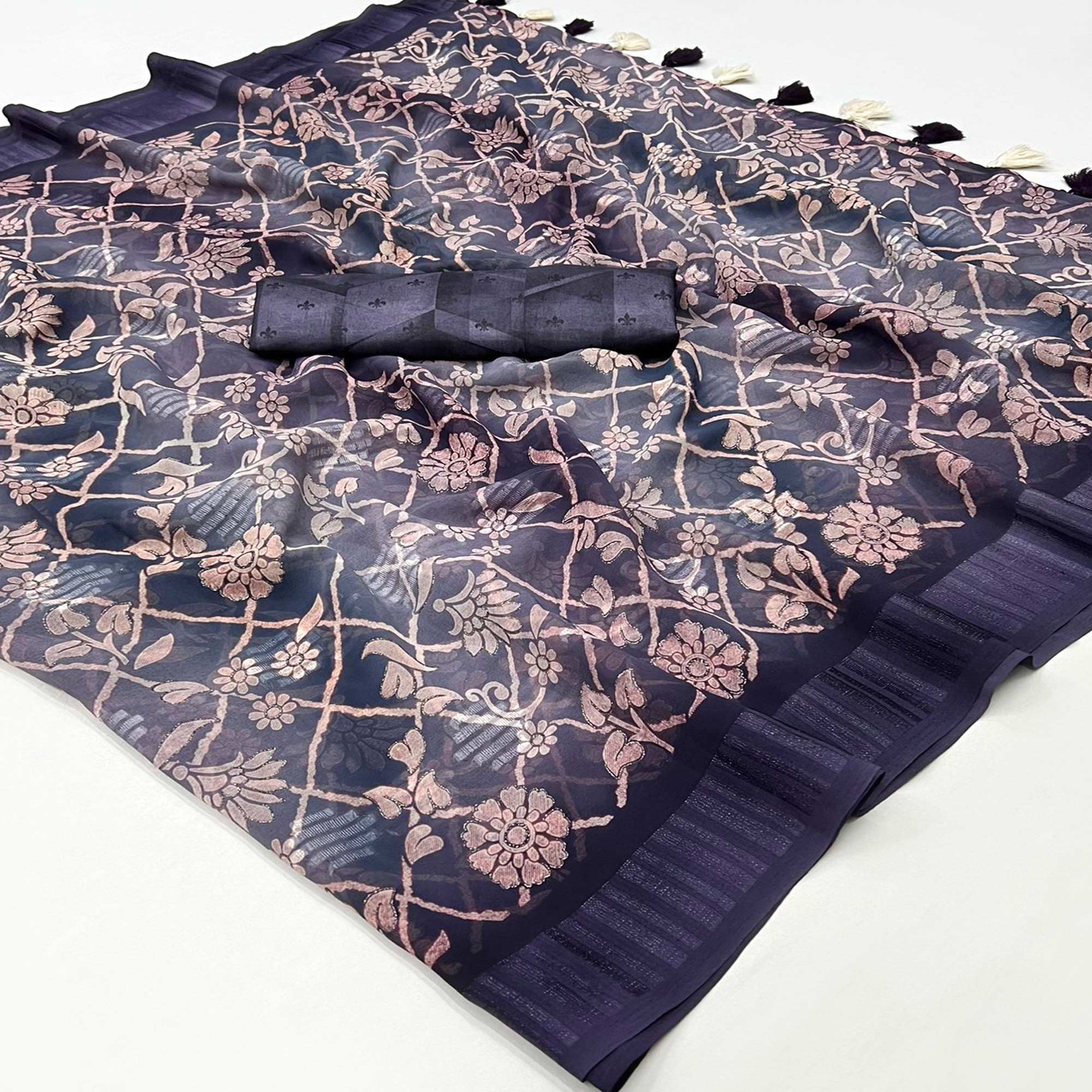 Peachmode Deep Purple Floral Foil Printed Georgette Saree With Tassels