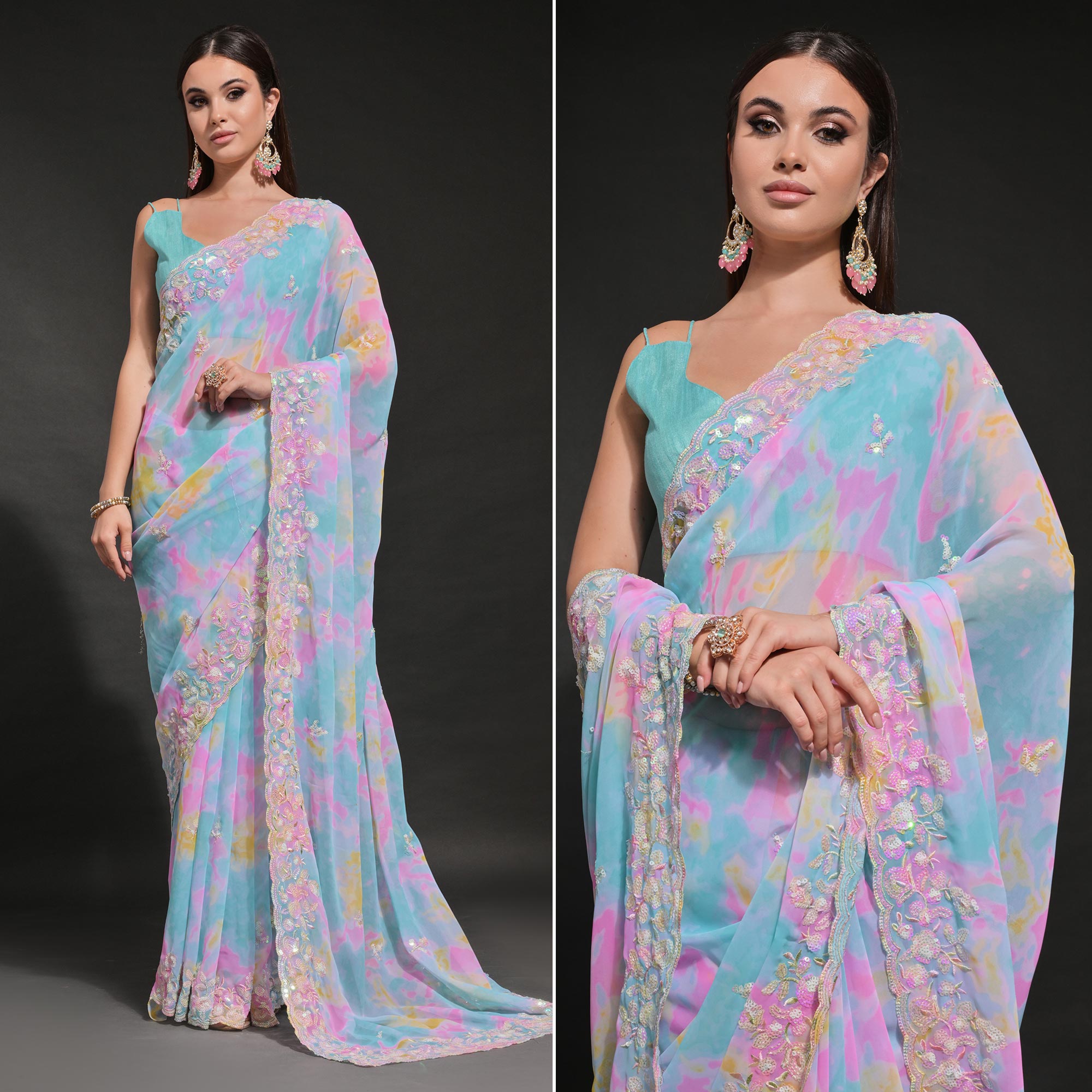Peachmode Blue Sequins Embroidered With Printed Georgette Saree