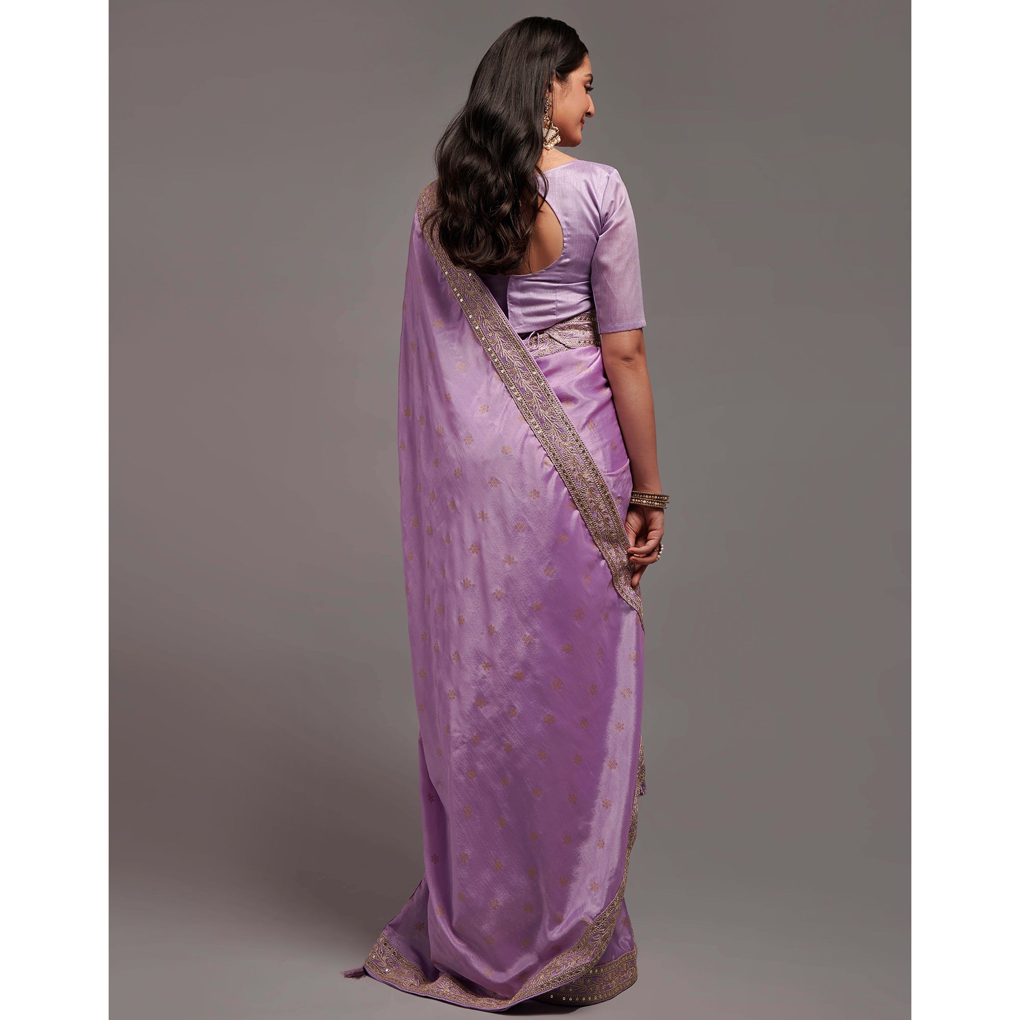 Peachmode Light Purple Foil Printed With Embroidered Border Chinon Saree - view 7