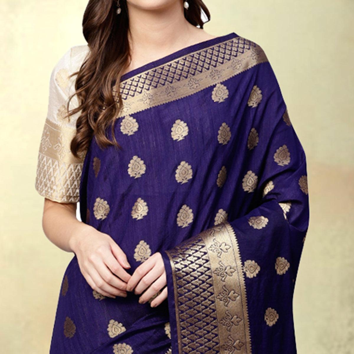 Peachmode Delightful Navy Blue - White Colored Festive Wear Woven Silk Saree - view 2