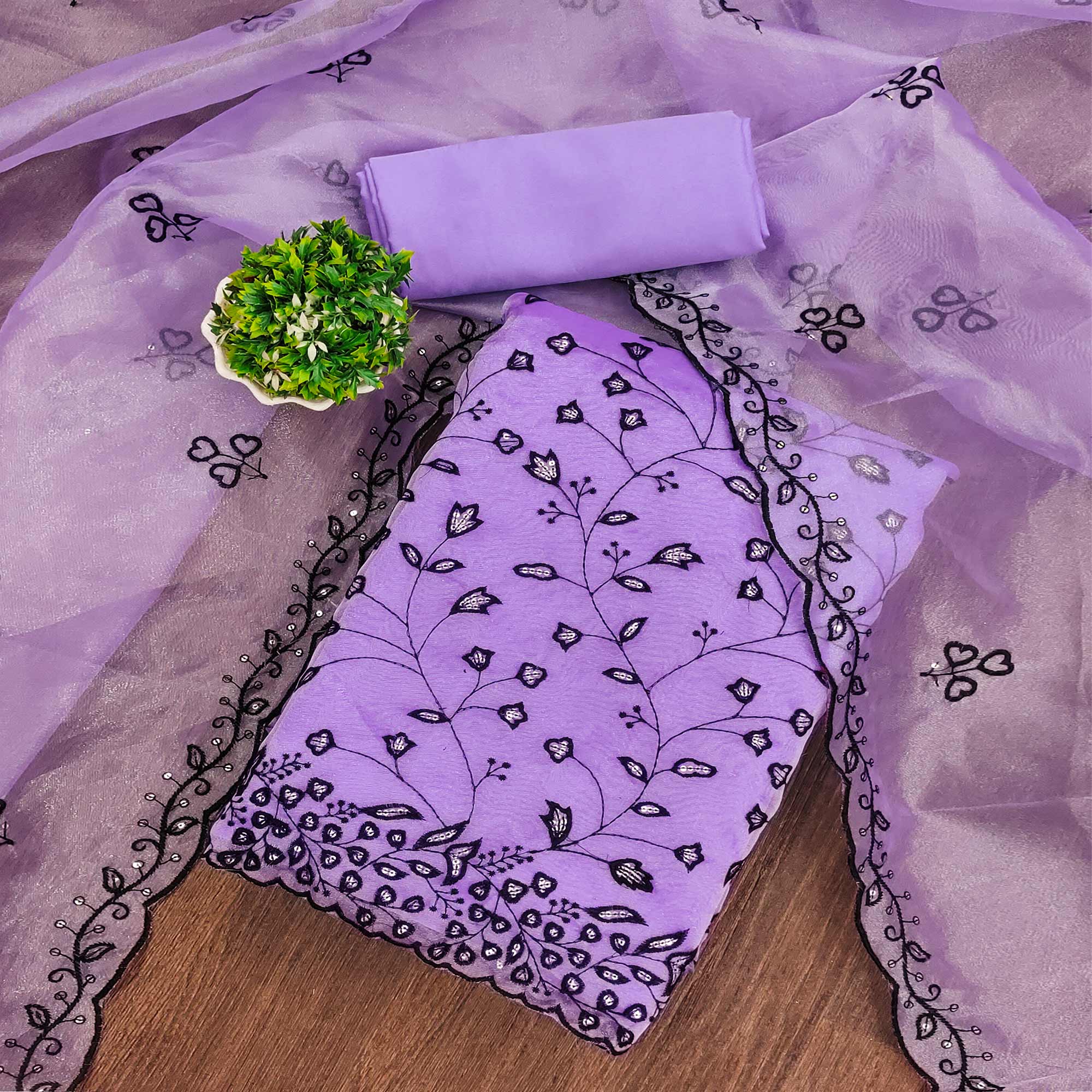 Peachmode Lavender Floral Sequins Embroidered Organza Dress Material