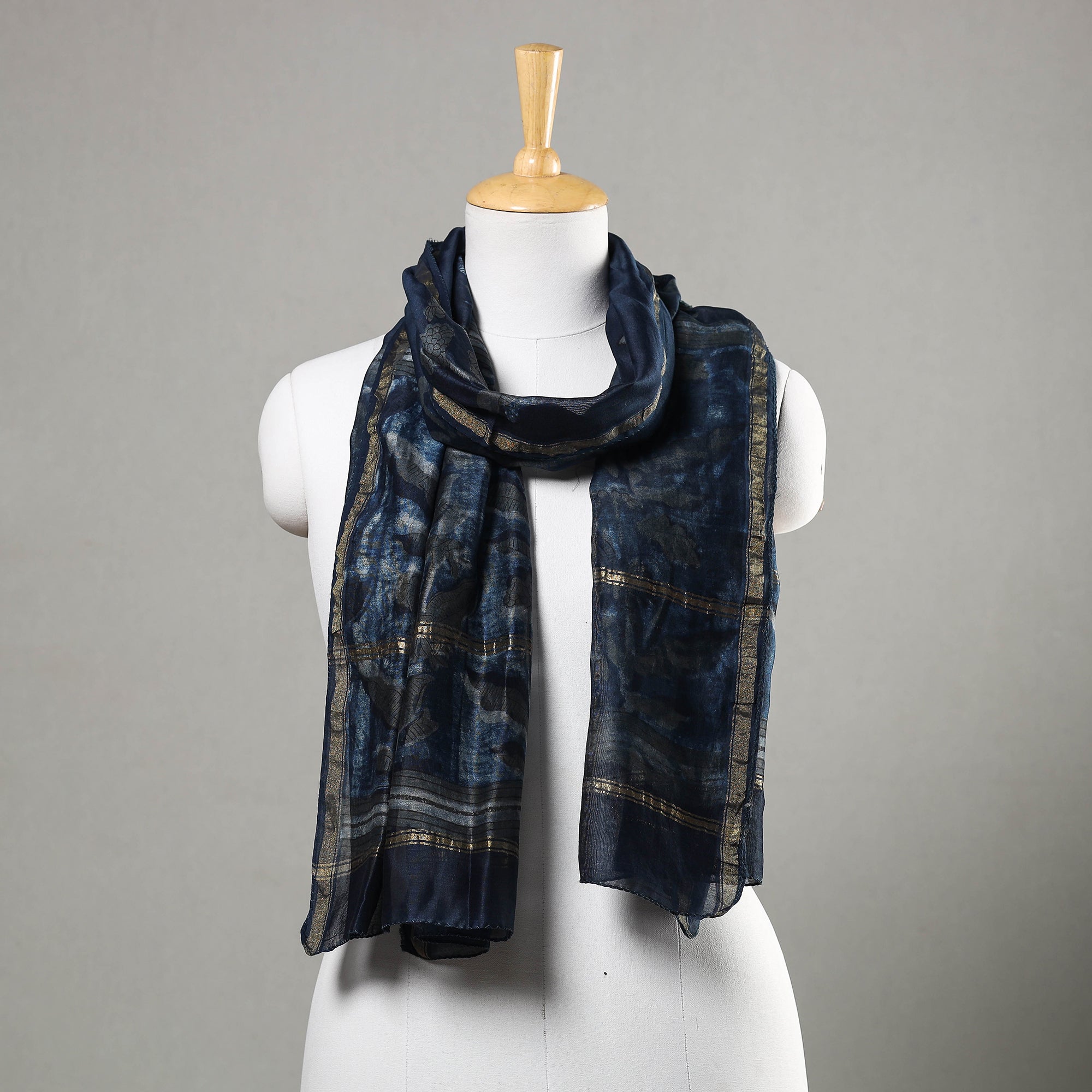 HAVELI CHRONICLES Blue - Akola Block Printed Chanderi Silk Handloom Stole with Zari Border