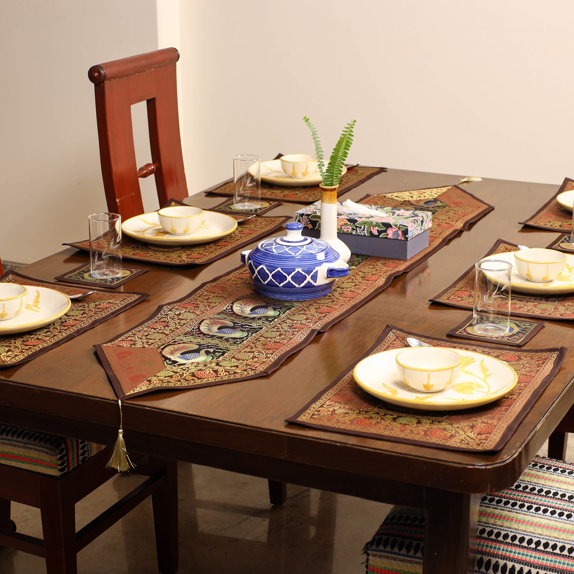 ITOKRI CRAFTS INITIATIVE Brown - Banarasi Silk Brocade 13pc Dining Table Runner Set 02