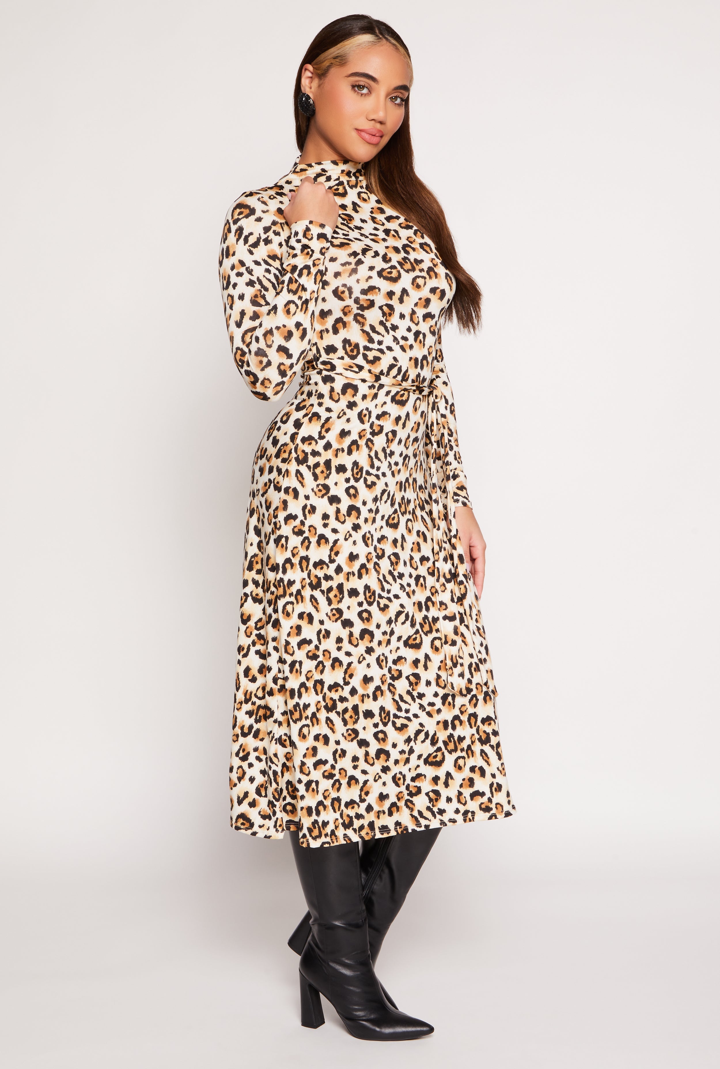 Rainbow Shops Leopard Print Tie Waist Belted Midi Dress - view 2