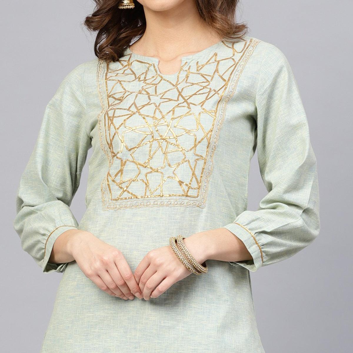Peachmode Delightful Pista Green Colored Party Wear Embroidered Cotton Kurti-Pant Set - view 2