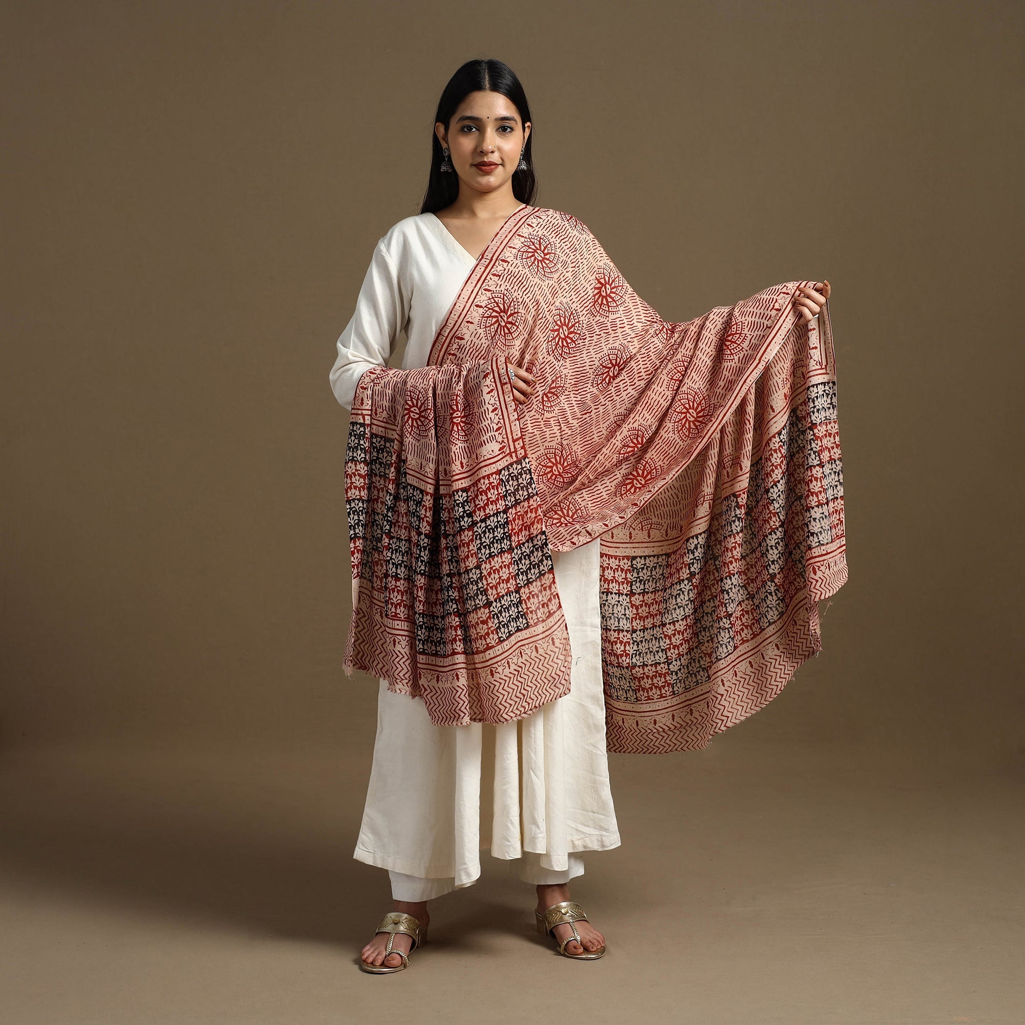 ARTISAN HAND BLOCK PRINTS Beige - Block Print Mul Cotton Bagru Dupatta 19