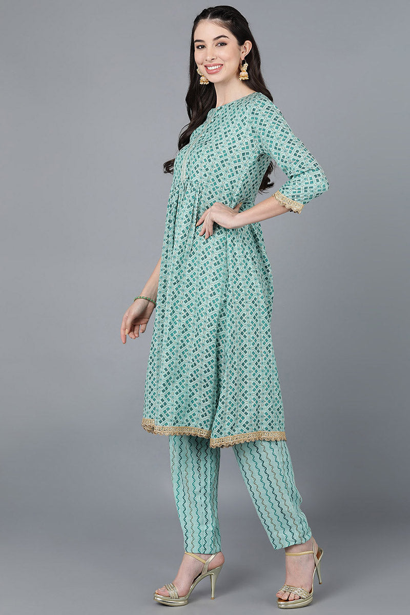 Ahika Sea Green Cotton blend Anarkali Kurta Pant With Dupatta VKSKD1463 - view 2