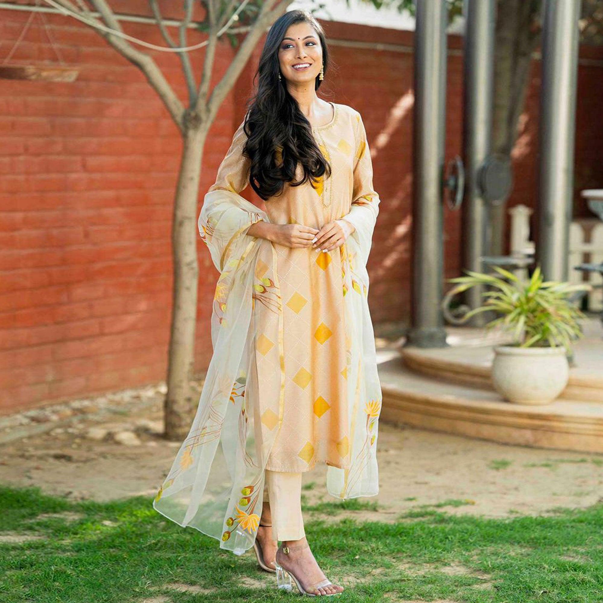 Peachmode Cream Partywear Printed Cotton Silk Kurti Pant Set With Dupatta