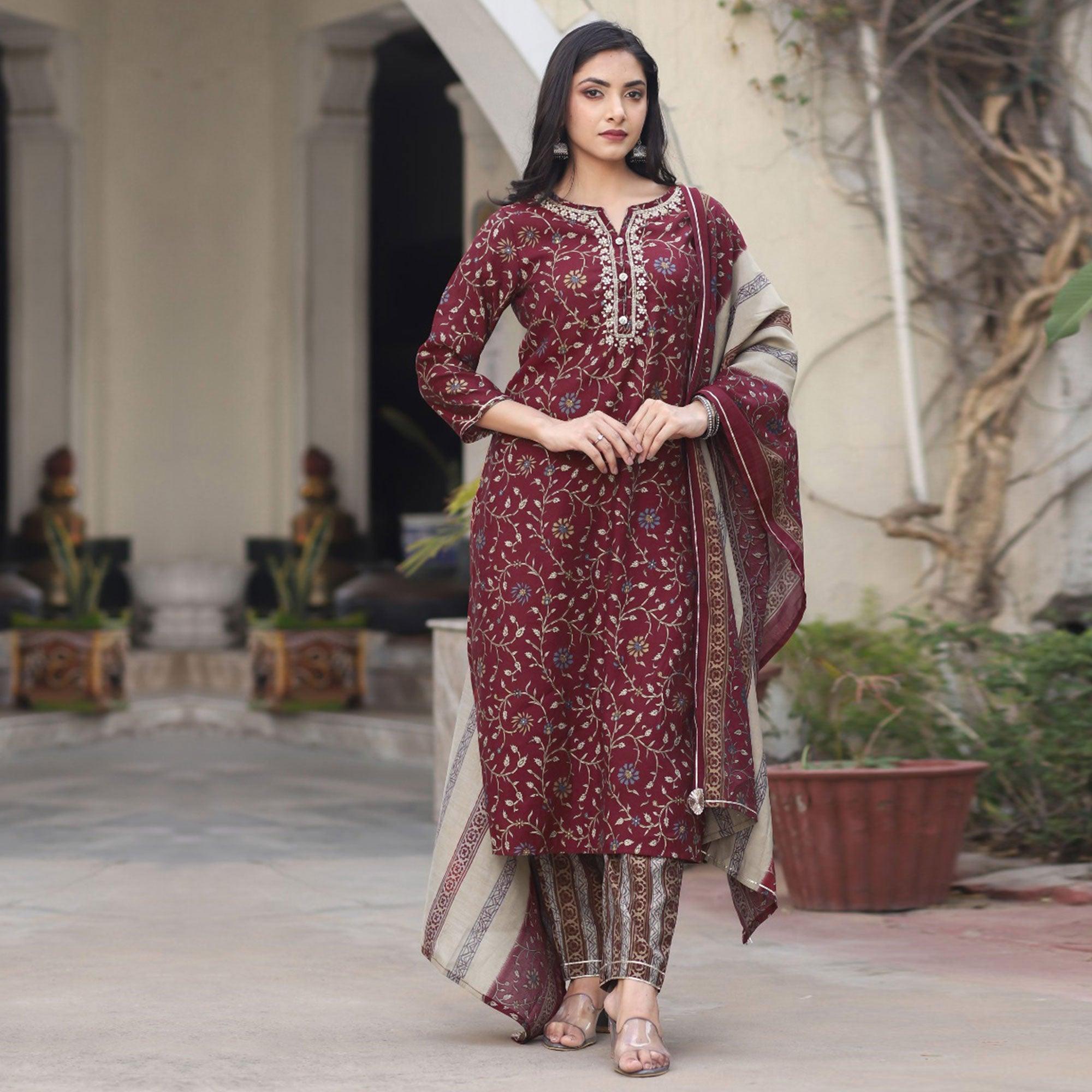 Peachmode Maroon Printed Cotton Silk Kurti Pant Set With Dupatta - view 2