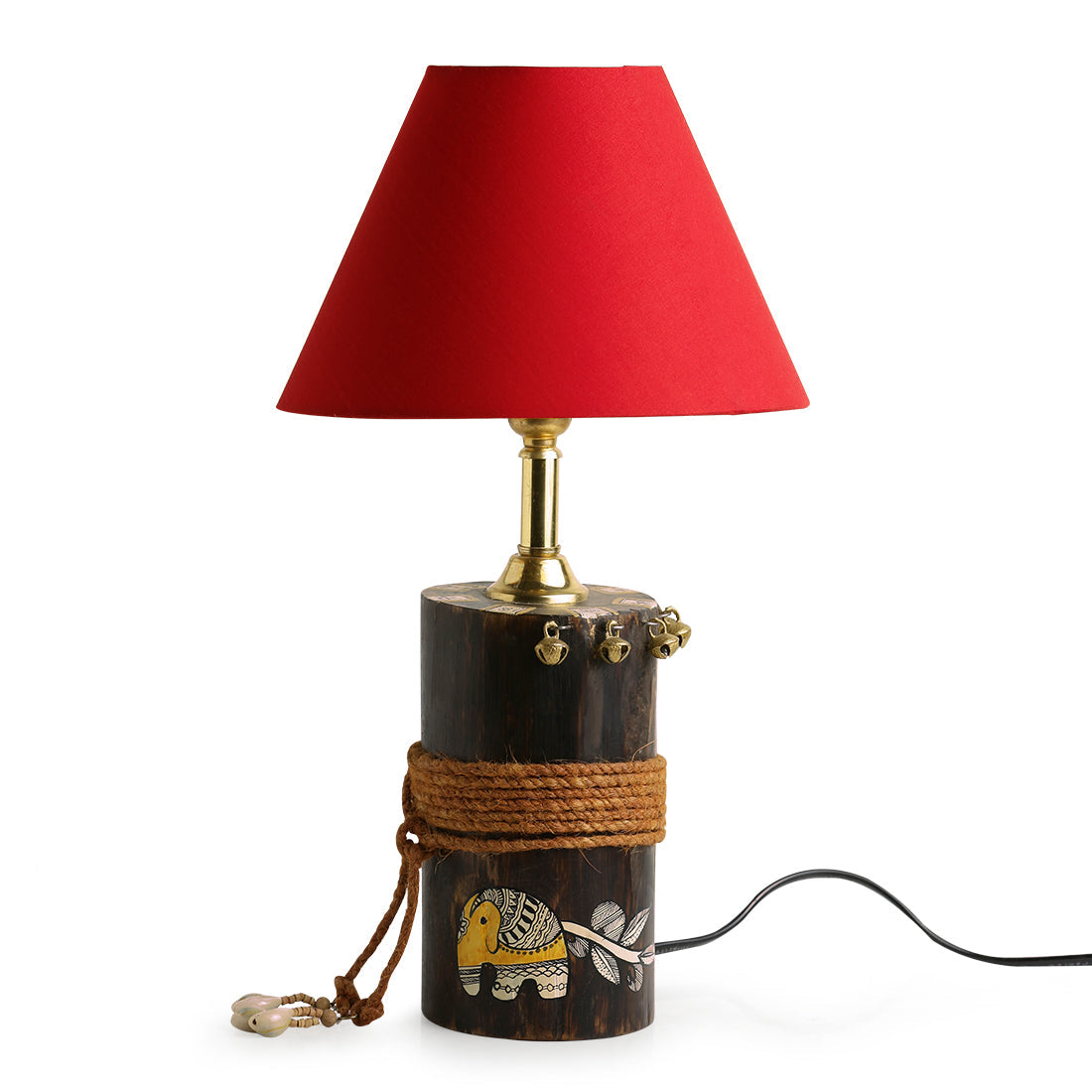 EXCLUSIVELANE 'The Red-Shade Log' Madhubani Handpainted Table Lamp In Wood - view 3