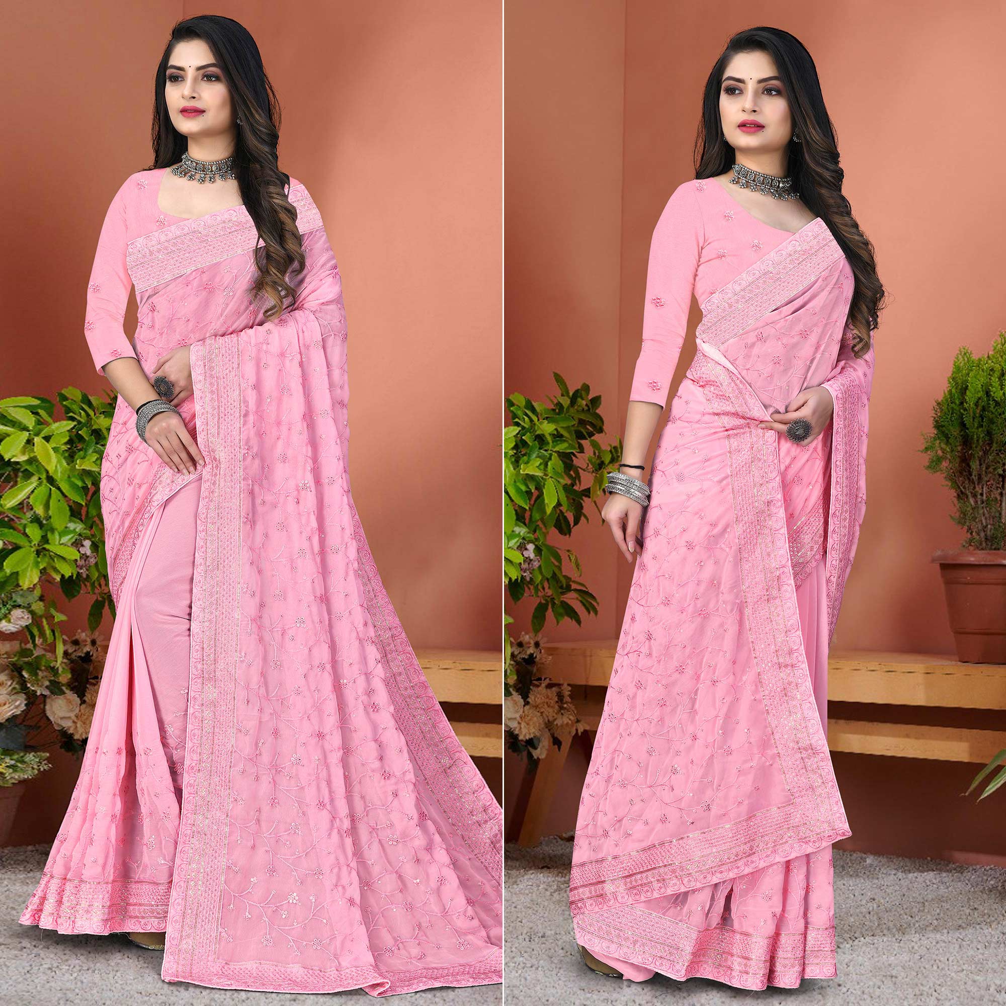 Peachmode Light Pink Floral Sequins Embroidered Georgette Saree
