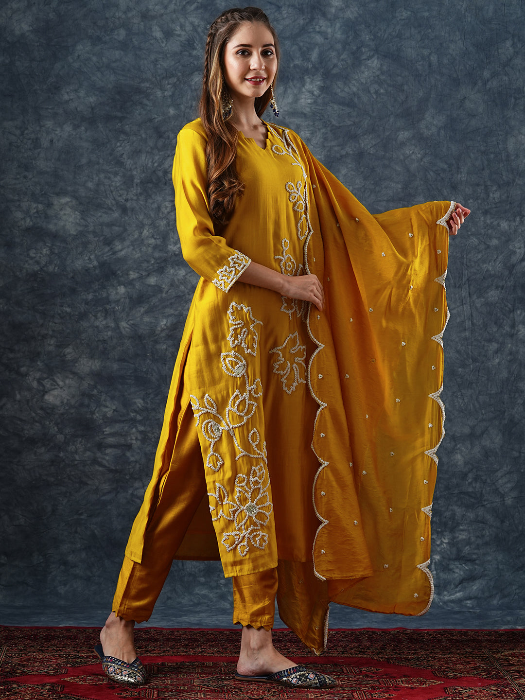 Fashor Solid Floral Dori Embroidered Straight Kurta with Pant & Dupatta - Yellow