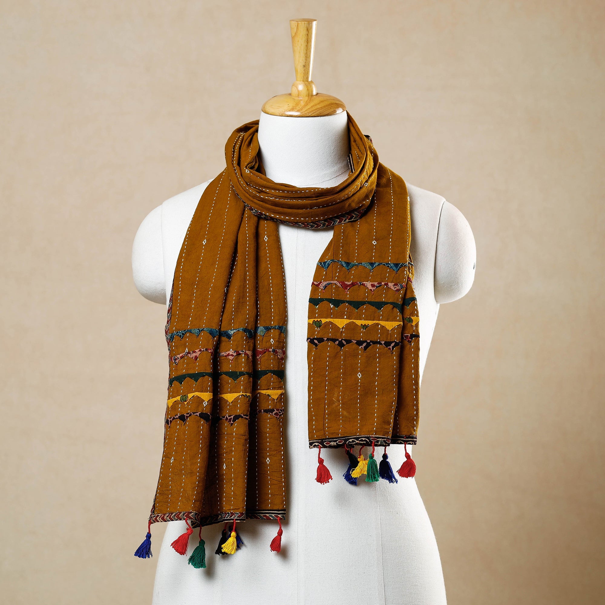 KACHCHH JI CHHAAP Brown - Kutch Tagai Work Ajrakh Border Cotton Stole with Tassels