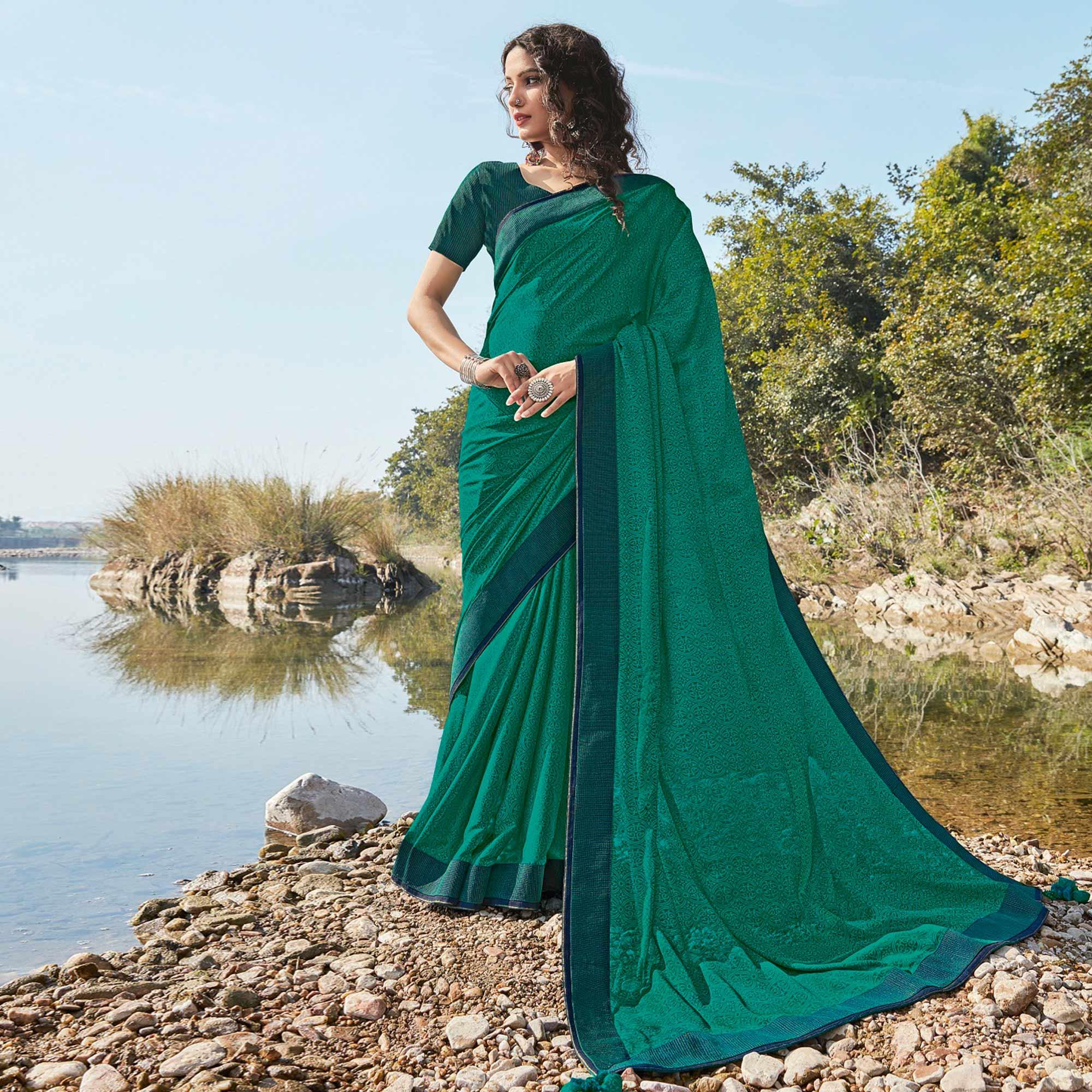 Peachmode Dark Rama Green Festive Wear Printed Silk Saree