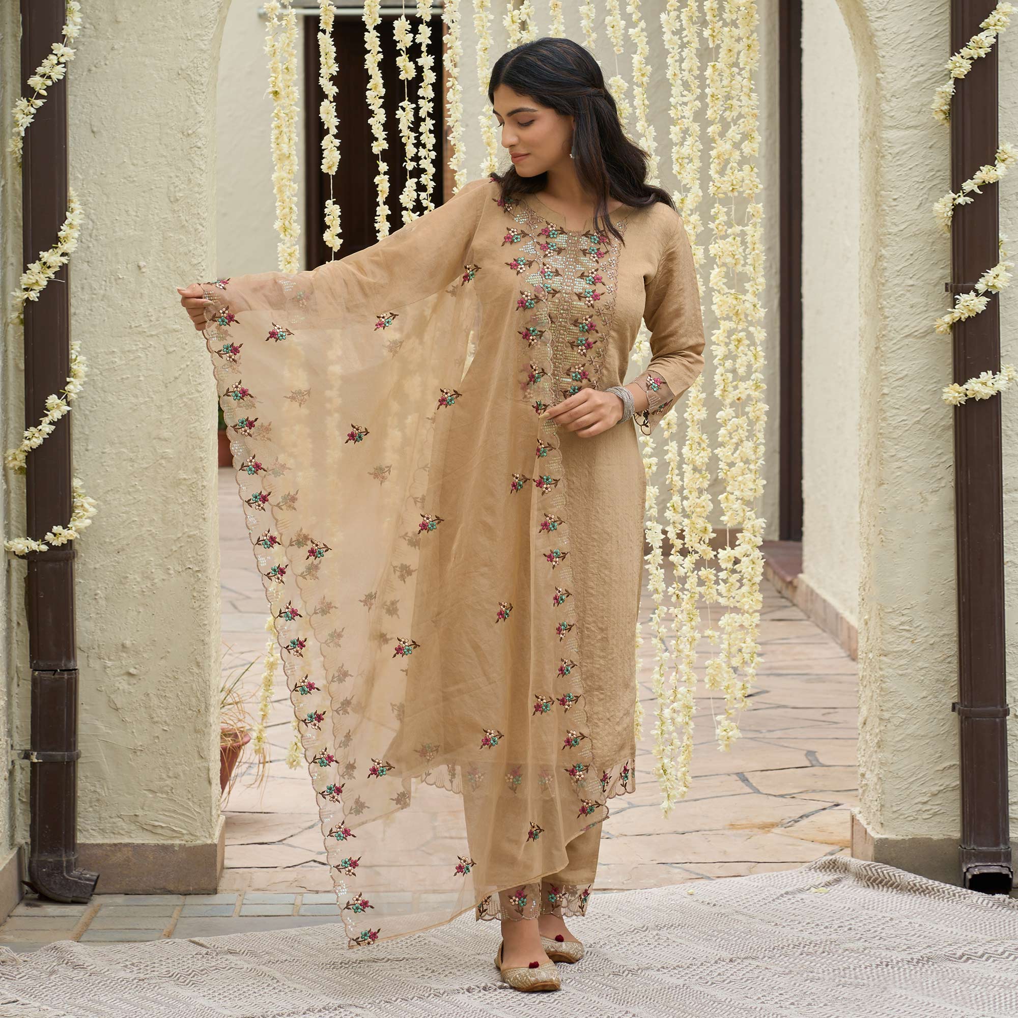 Peachmode Seller Chikoo Floral Embroidered Rayon Salwar Suit - view 2