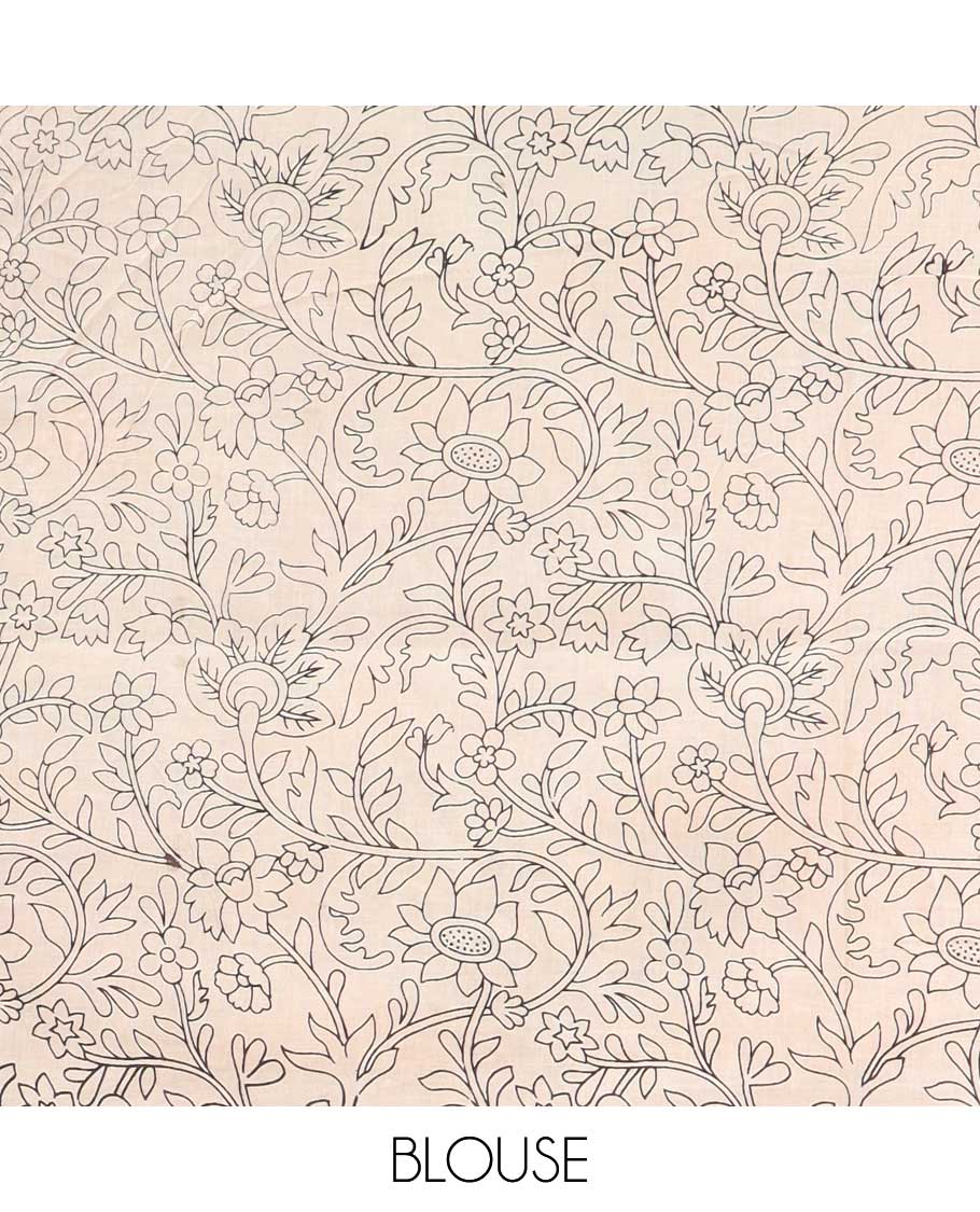 Pothys Red floral motifs machine-printed kalamkari cotton saree, contrast unique design border & pallu of ancient figurines - view 2