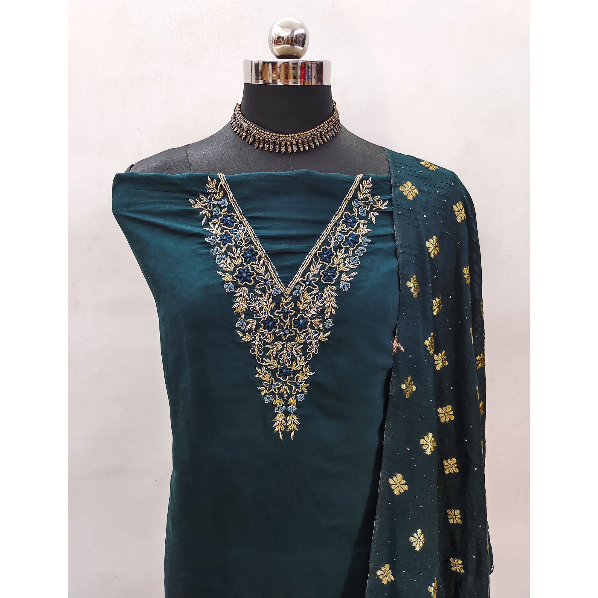 Peachmode Teal Green Beads Embroidered Viscose Dress Material - view 4