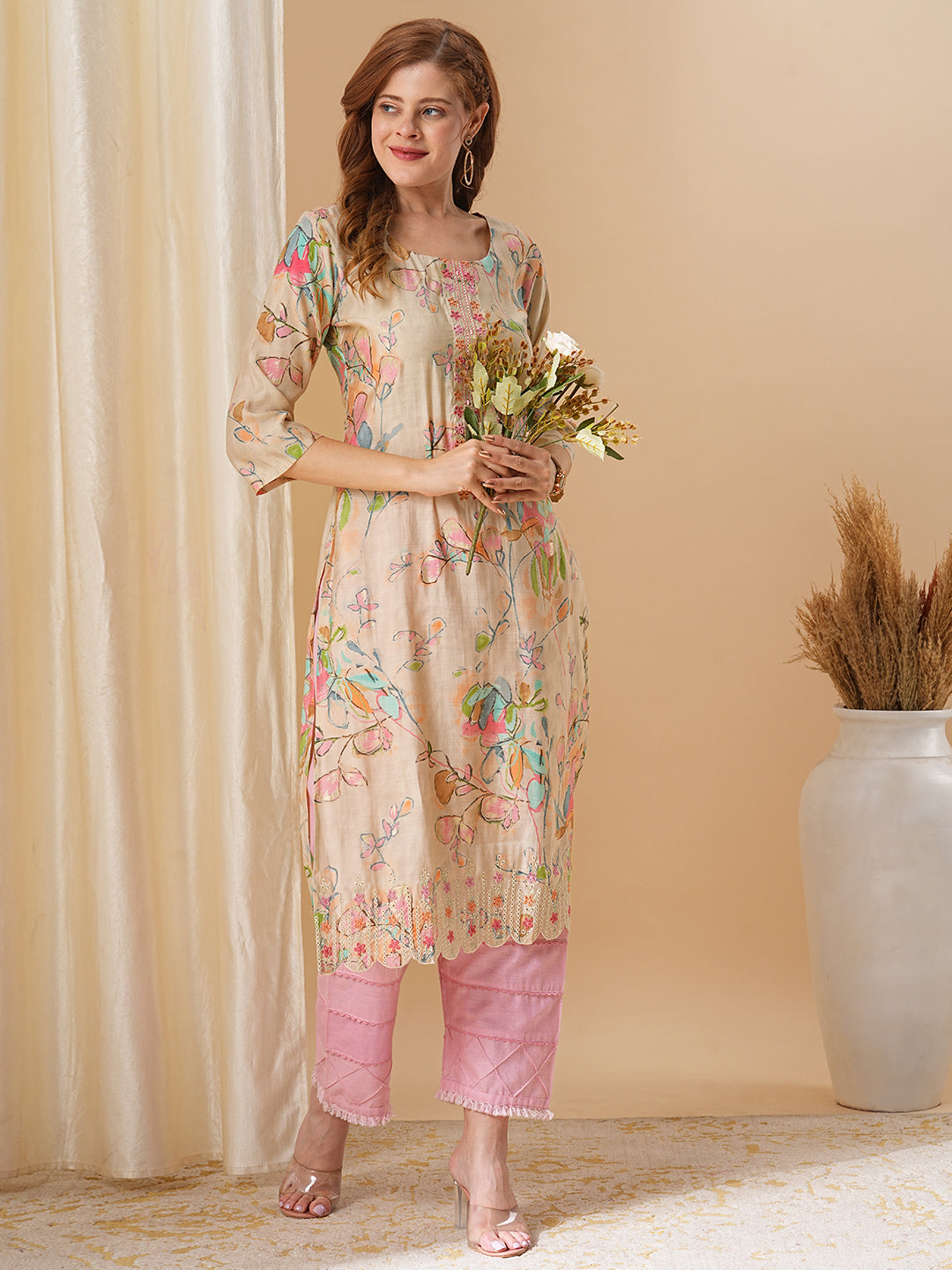 Fashor Abstract Floral Printed & Embroidered Straight Fit Kurta - Cream