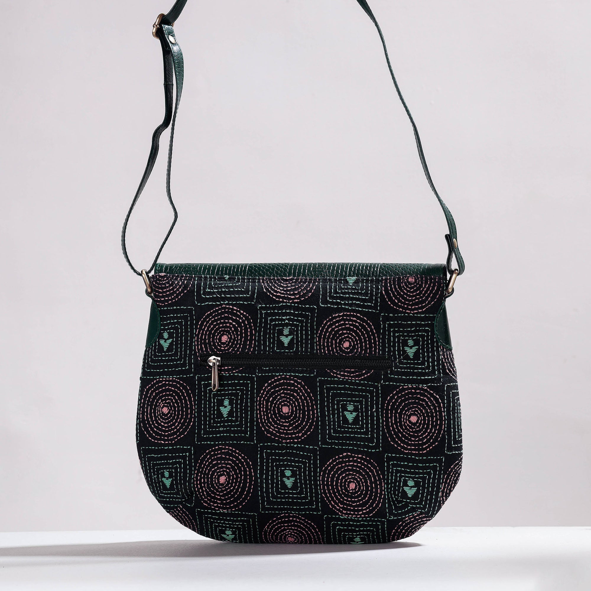 ASALKAAR Black - Handcrafted Kantha Embroidery Cotton & Embossed Leather Sling Bag - view 2