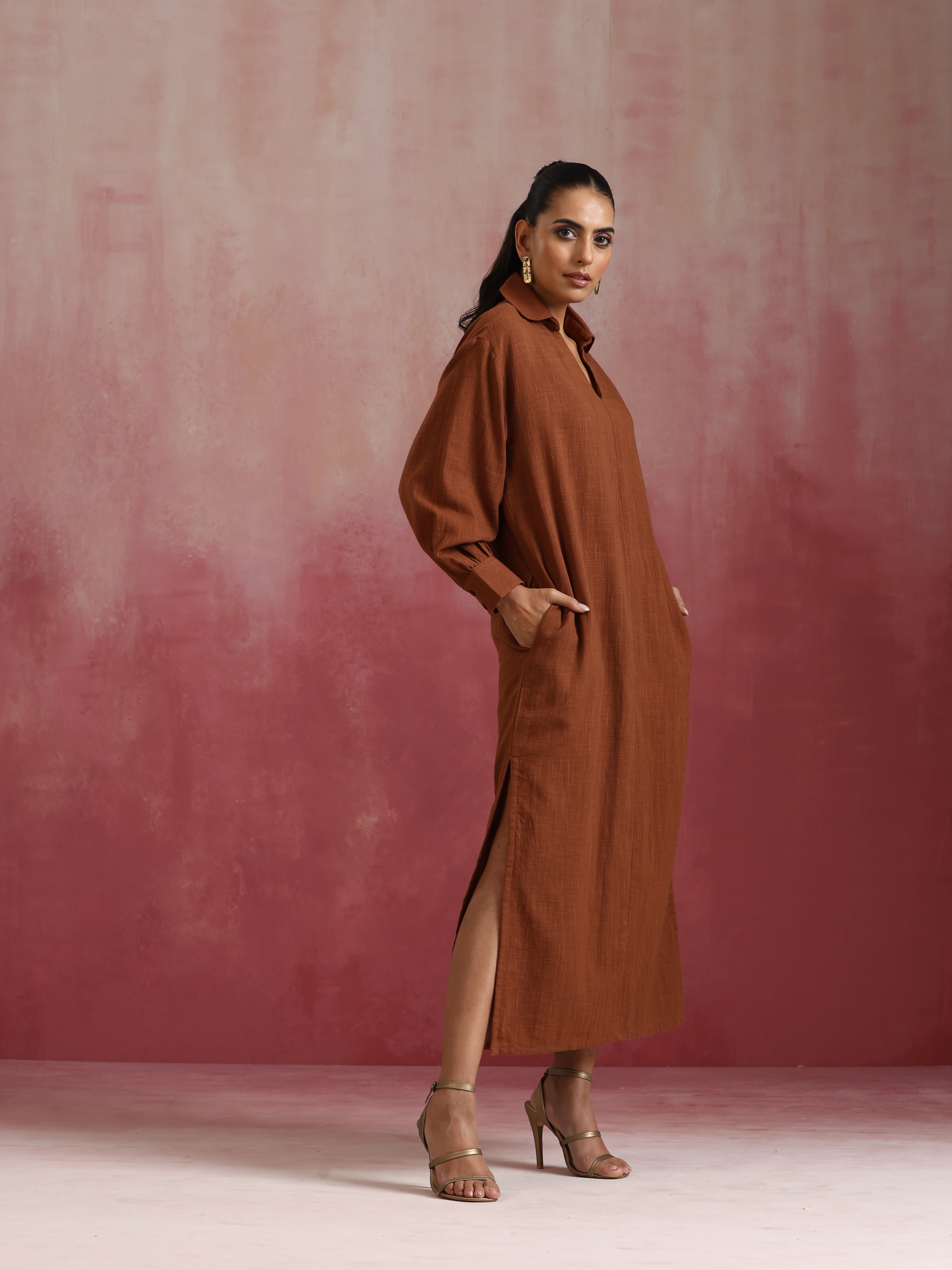 trueBrowns Brown Cotton Dobby Dress - view 2