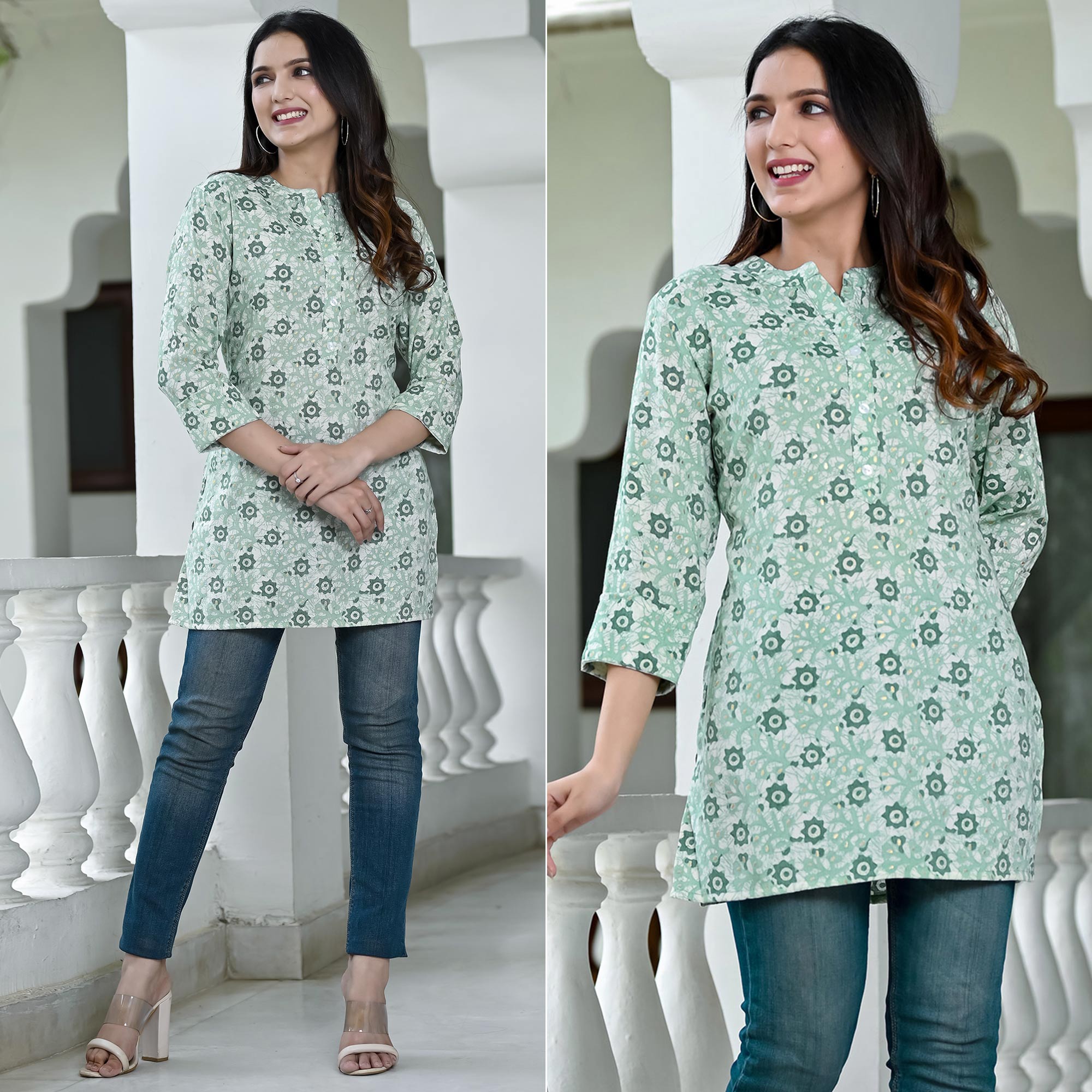 Green t-shirts – BlackTree green-floral-foil-printed-rayon-top-1