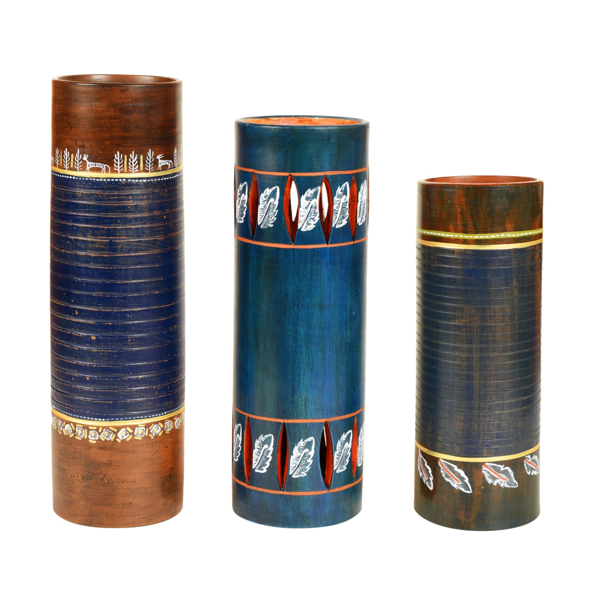 ART CREATIONS BY SUMAN SONTHALIA Autumn Leaf Blue Earthen Vase in Tubular Shape (Set of 3) - view 2