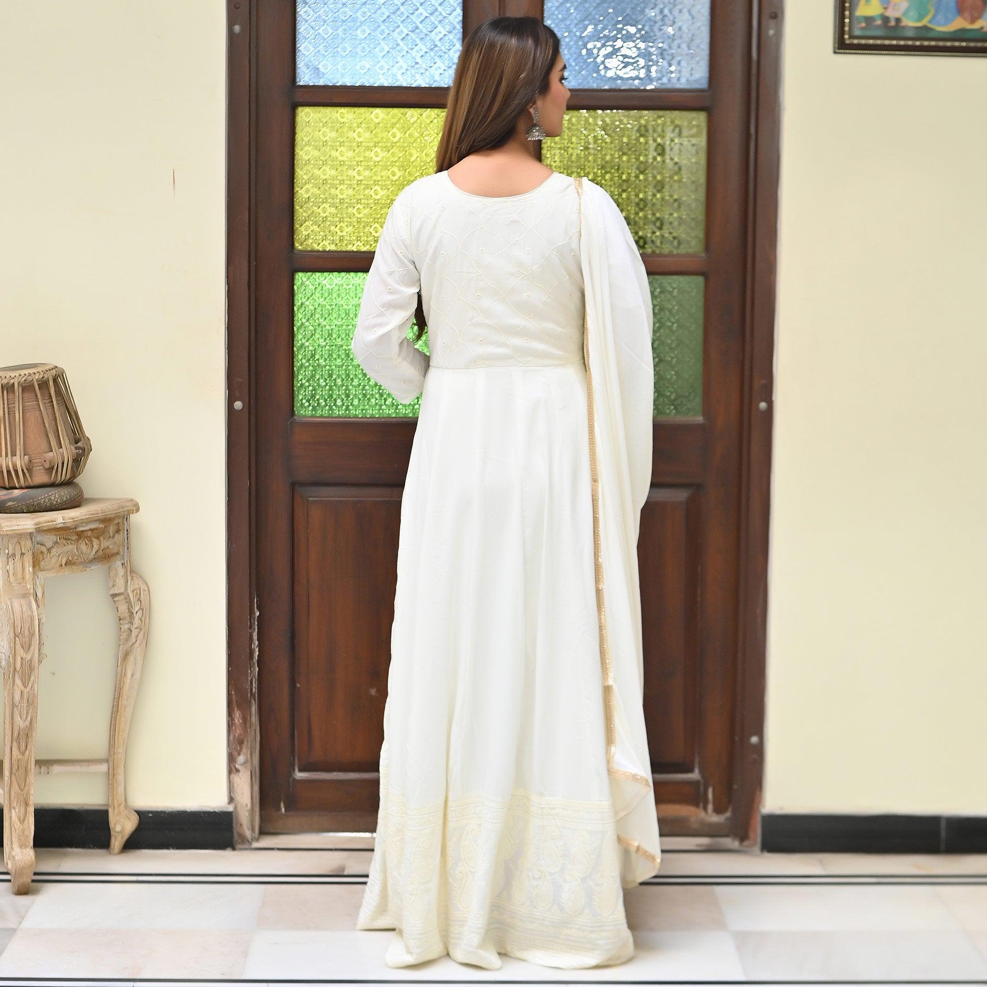 Peachmode Cream Chikankari Embroidered Georgette Gown - view 7