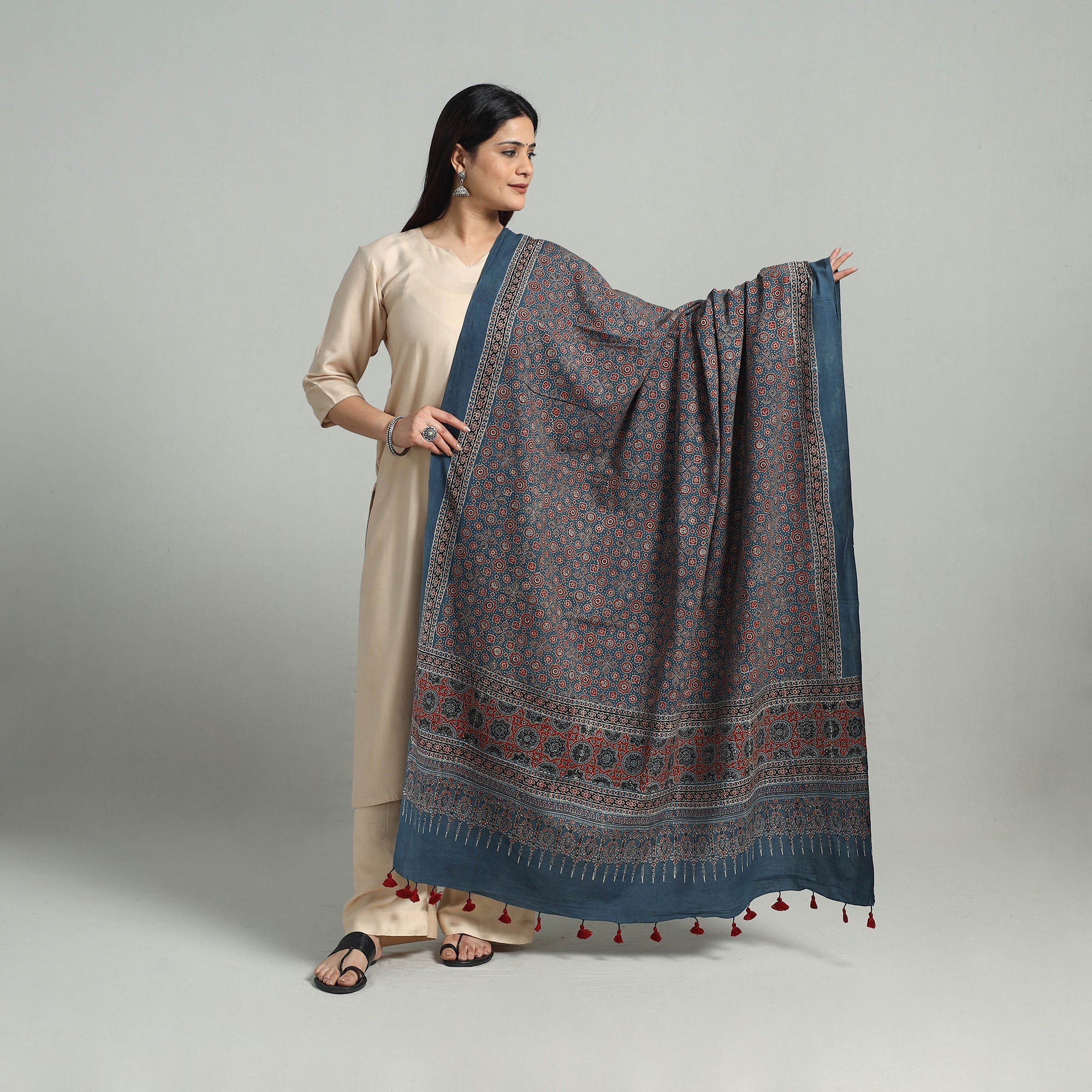 AJRAKH BY SUFIYAN ISMAIL KHATRI Blue - Hand Block Printed Cotton Ajrakh Dupatta 17