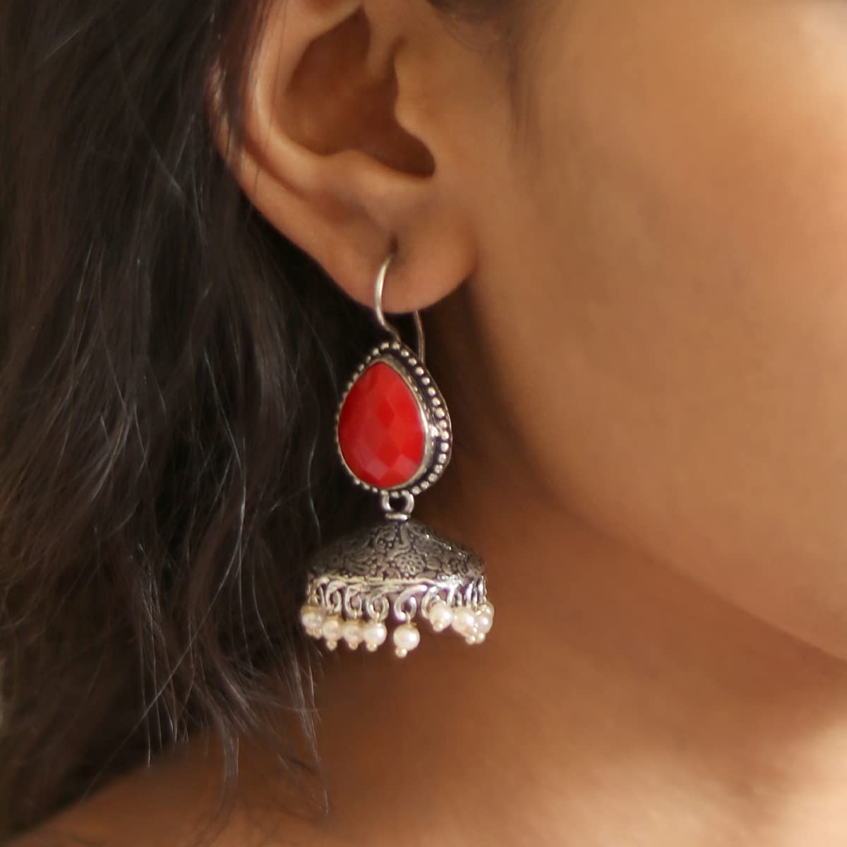 Teejh Sahasra Red Stone Silver Oxidised Earrings For Women - view 2
