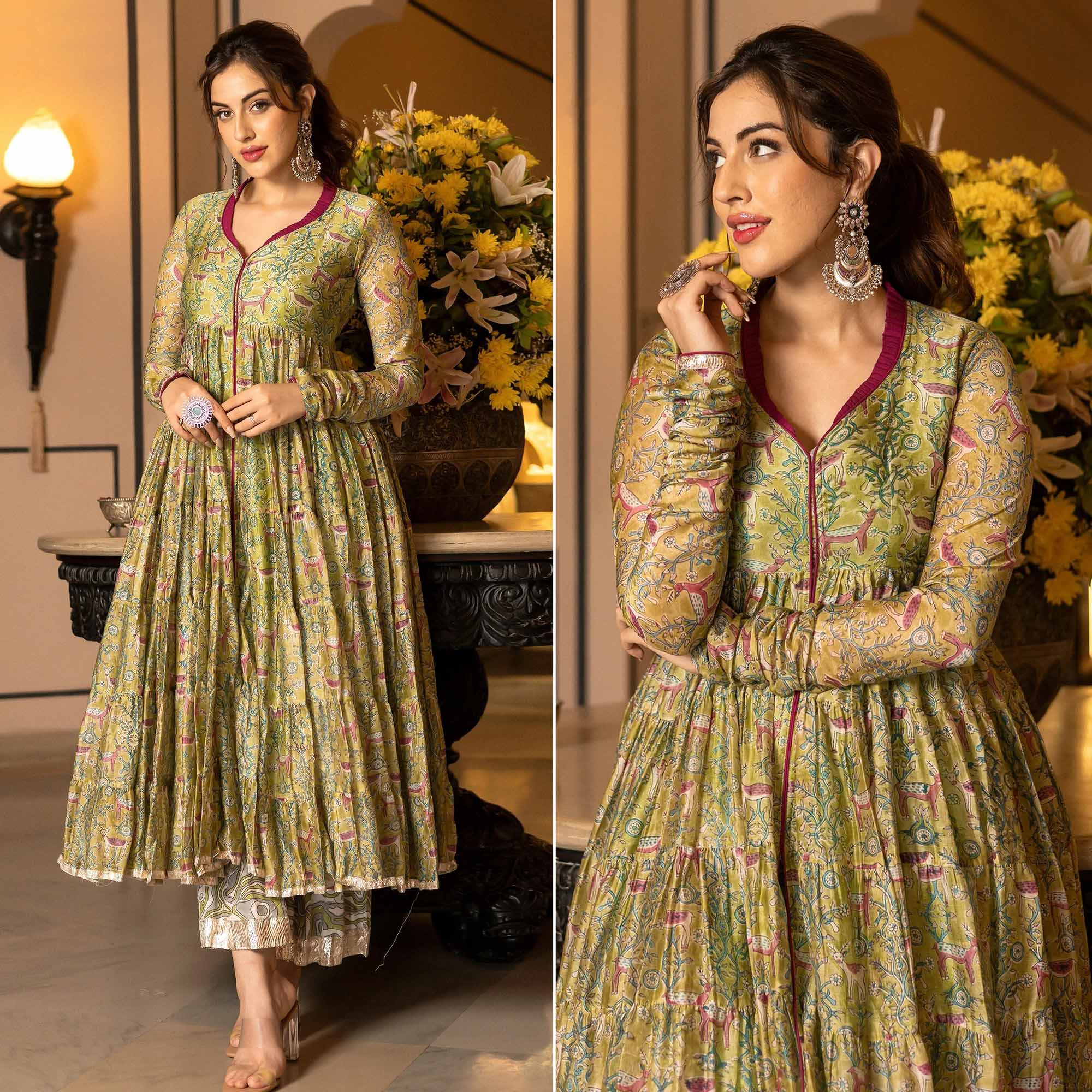 Peachmode Seller Mahendi Green Floral Digital Printed Chanderi Anarkali Style Suit