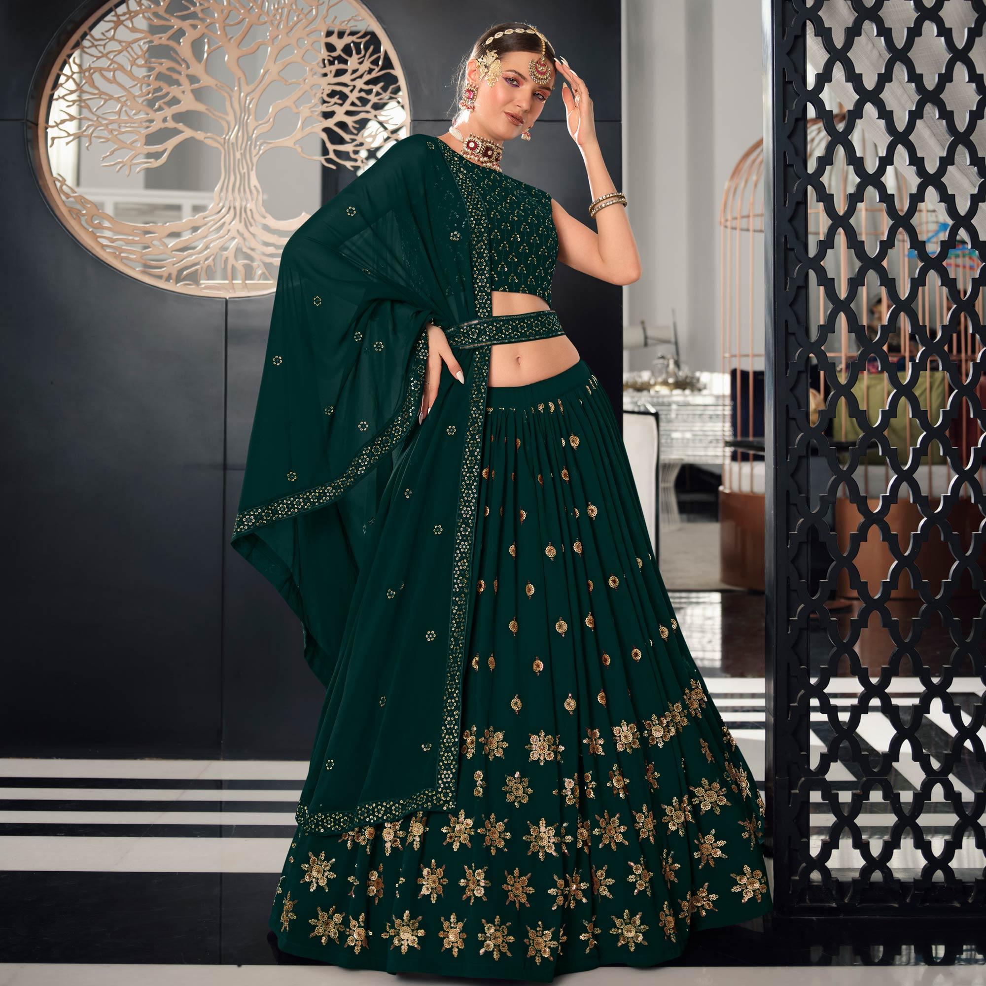 Peachmode Bottle Green Sequins Embroidered Georgette Lehenga Choli - view 2