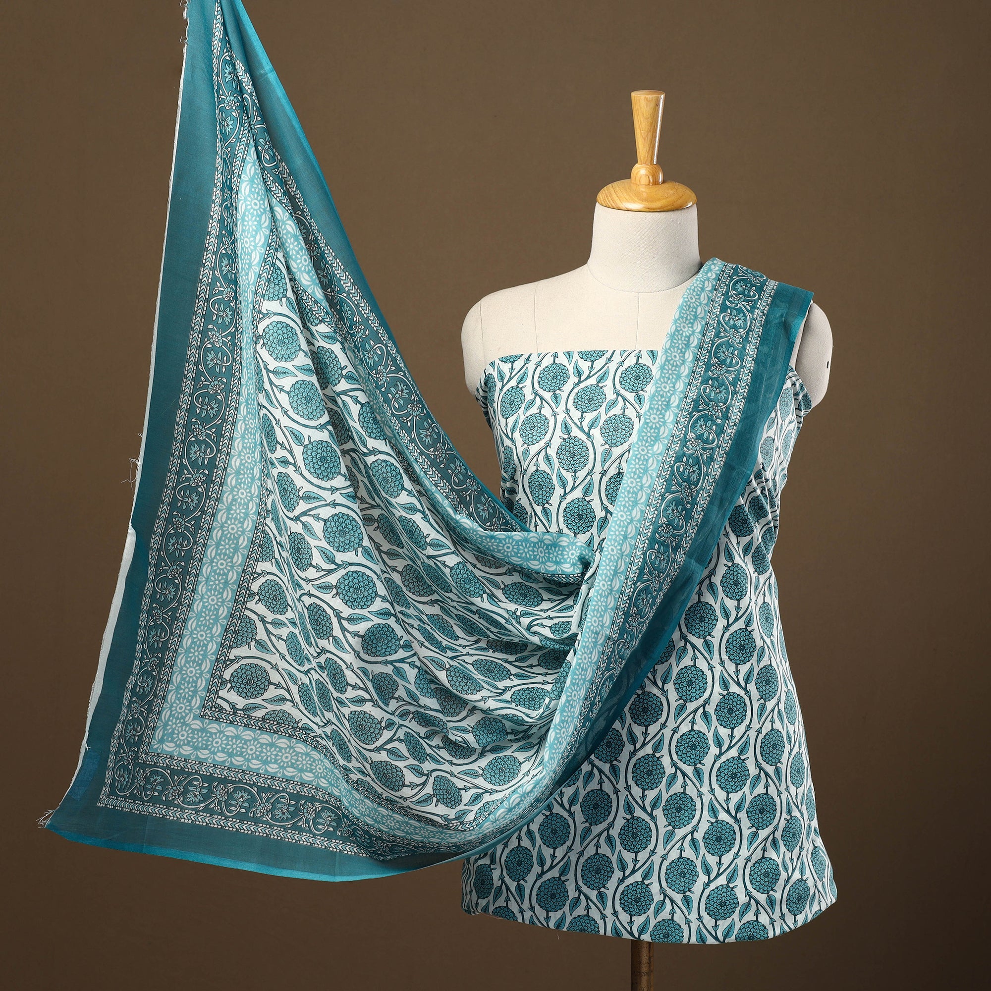 ARTISAN HAND BLOCK PRINTS Blue - 3pc Sanganeri Block Print Cotton Dress Material 10