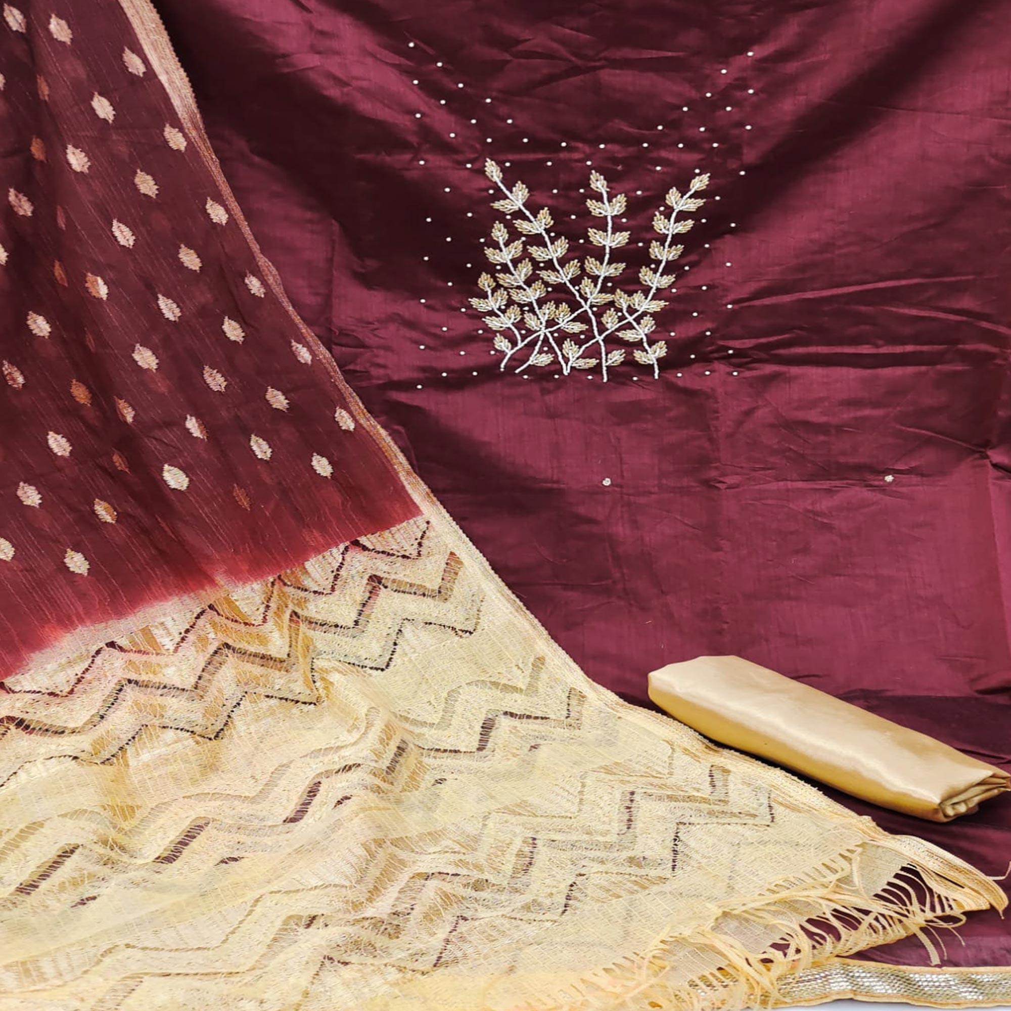 Peachmode Maroon Casual Wear Pearl Handwork Modal Silk Dress Material - view 2
