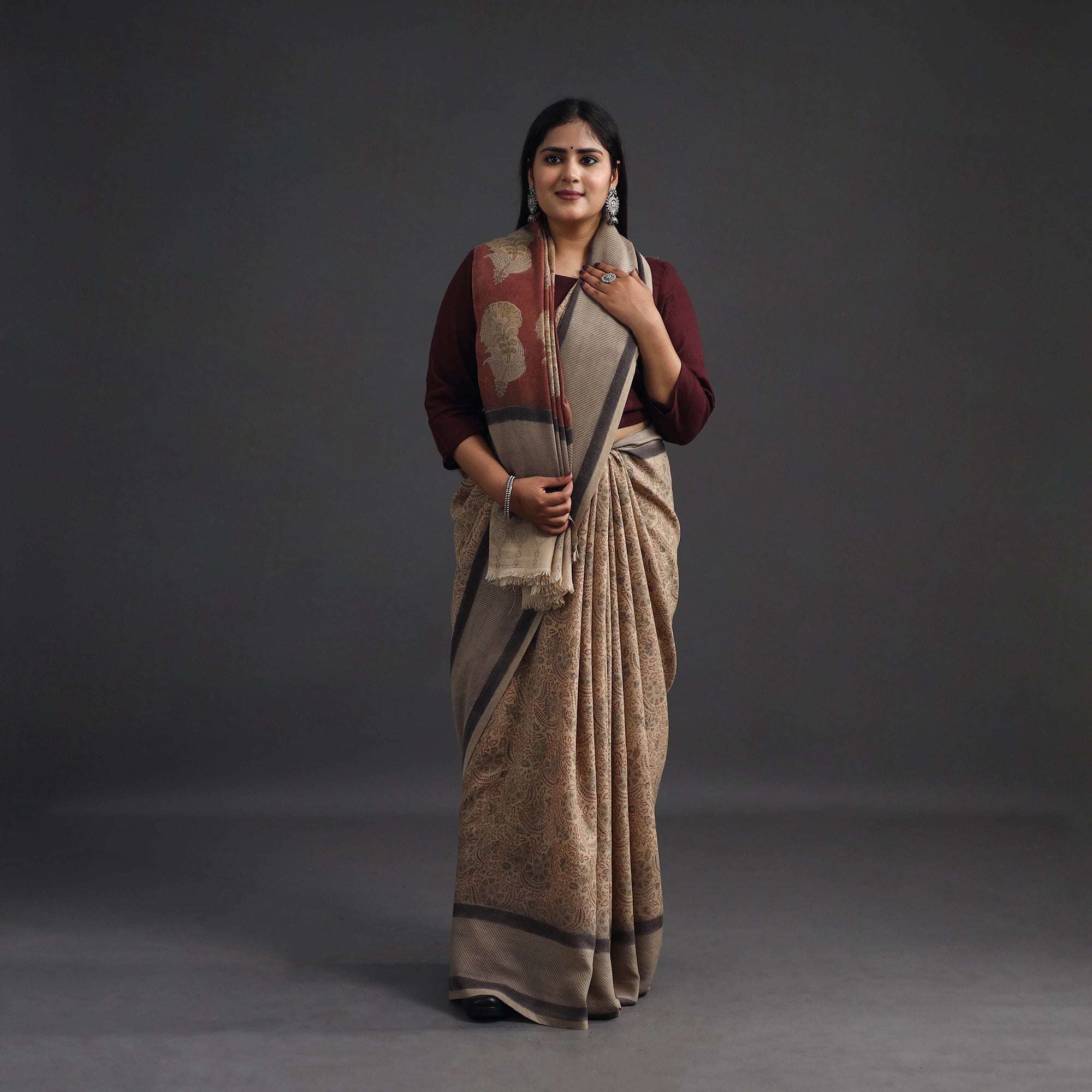 PITCHUKA SRINIVAS KALAMKARI PEDANA Beige - Pedana Block Print Merino Wool Kalamkari Saree 03 - view 2