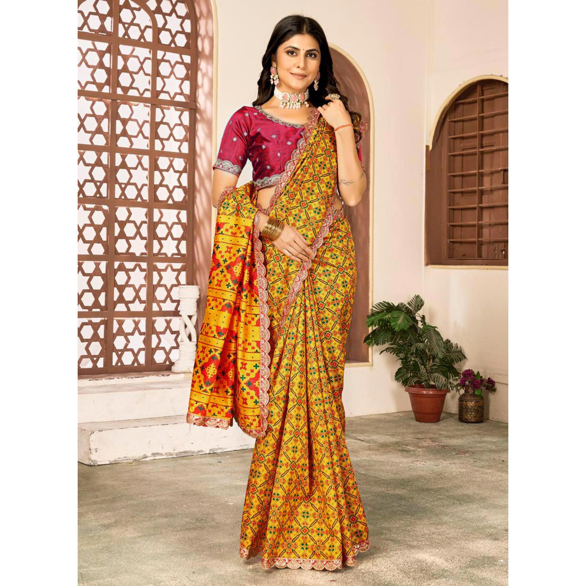 Peachmode Mustard Printed Patola Tussar Silk Saree - view 6