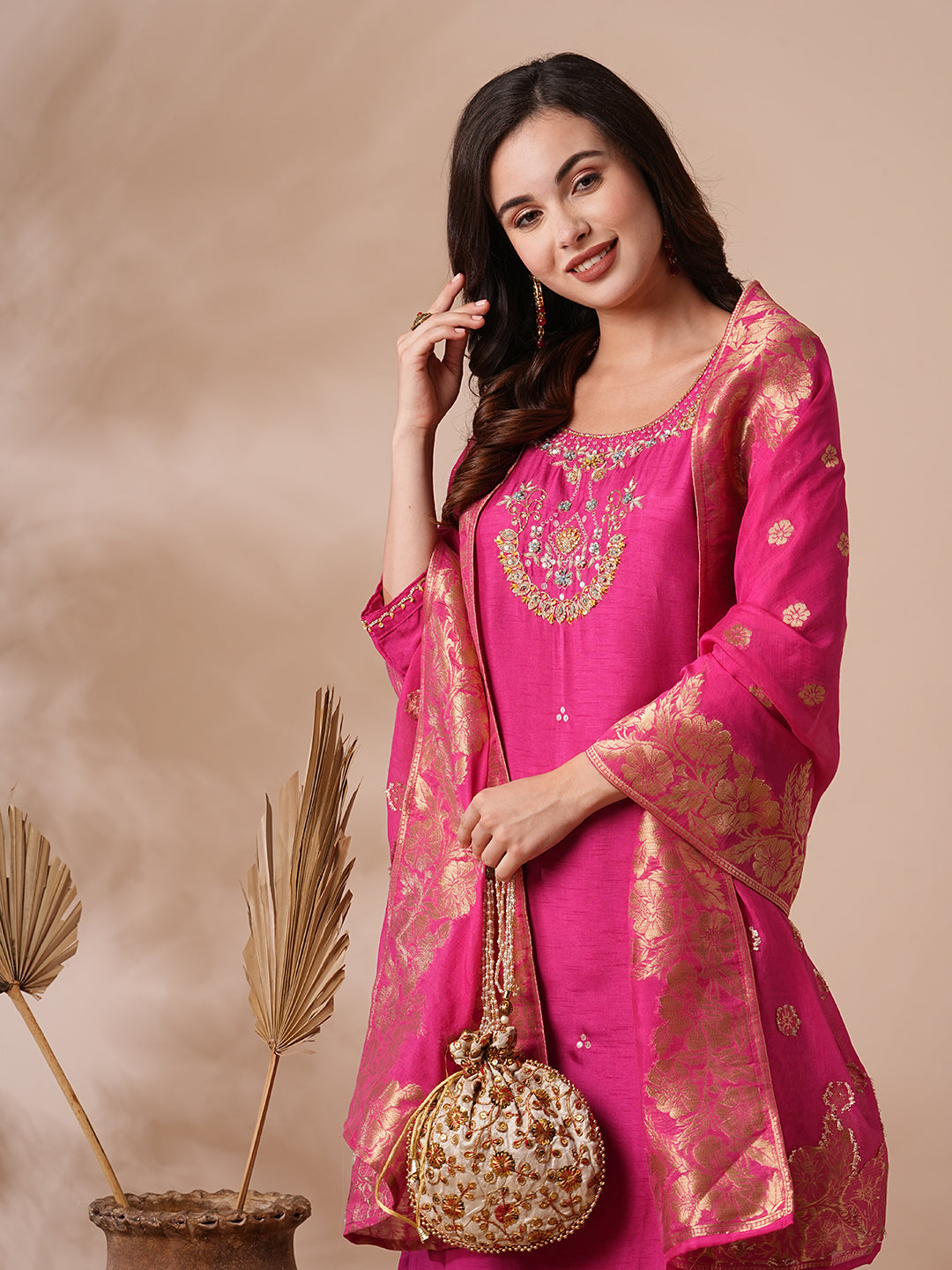 Fashor Floral Hand Embroidered Straight Kurta with Pant & Dupatta - Pink