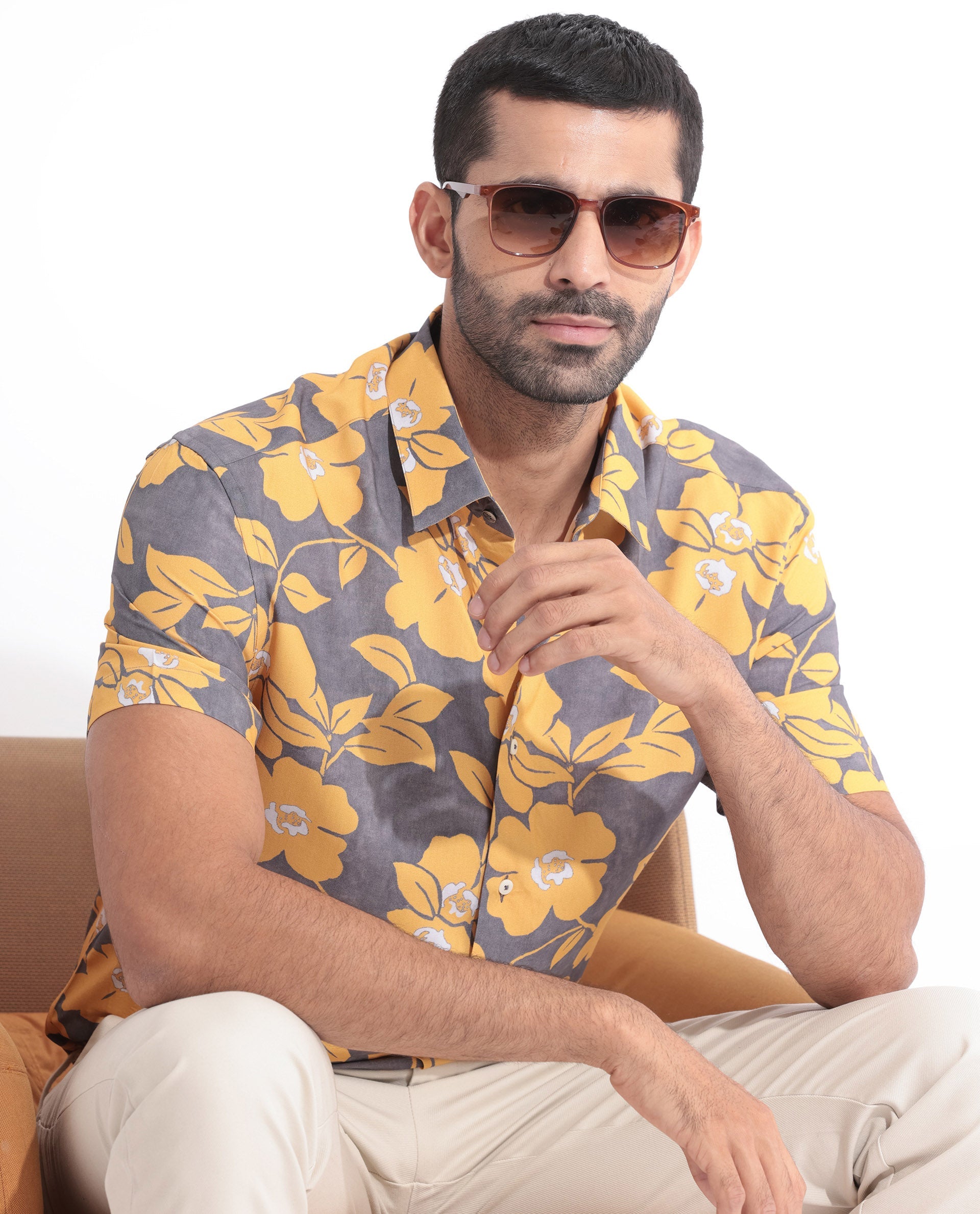 Rare Rabbit Men's Dash Yellow Viscose Fabric Floral Print Half Sleeves Shirt