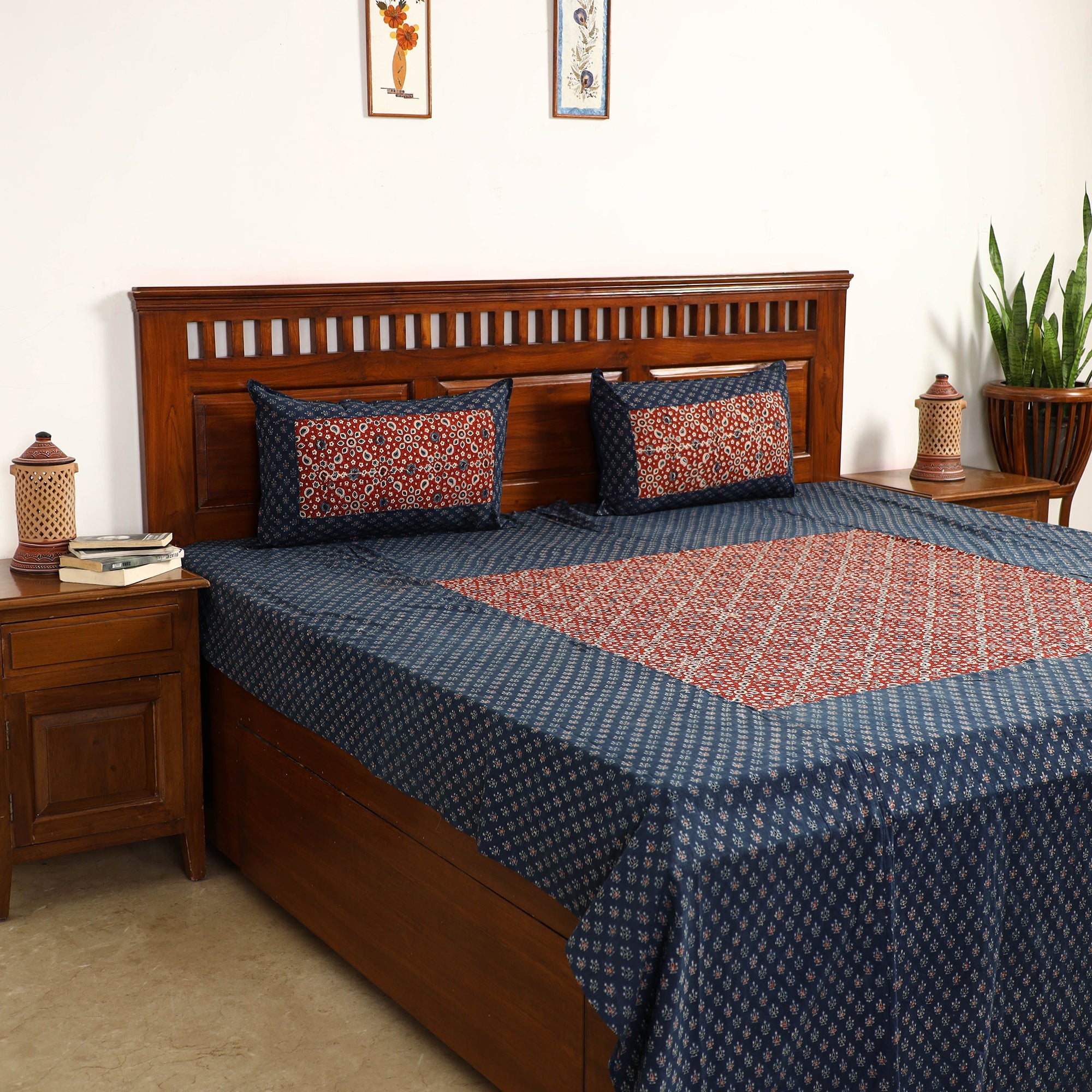 NOORI BAZAR Blue - Ajrakh Block Printed Patchwork Cotton Double Bed Cover with Pillow Covers (108 x 90 In)