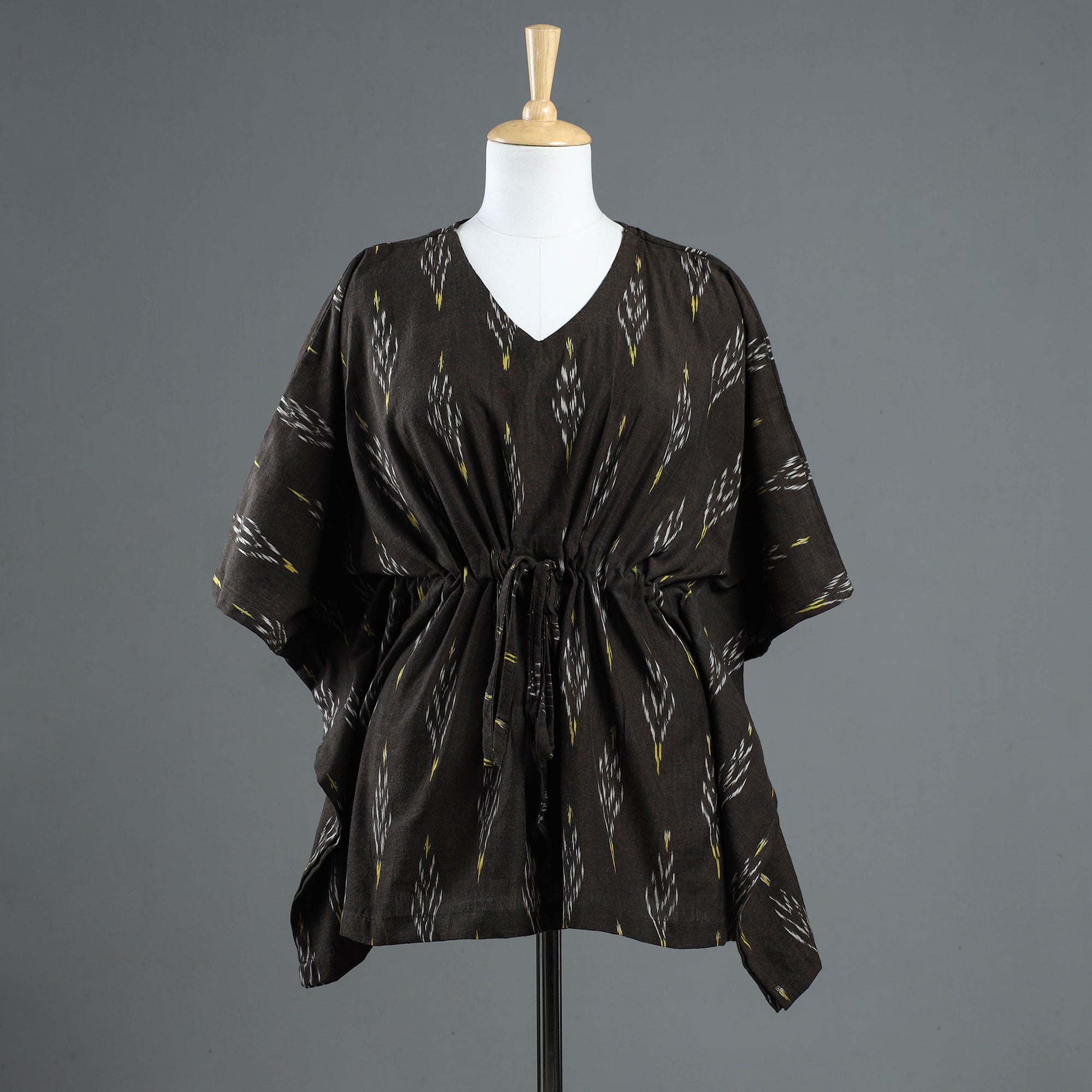 ITOKRI CASUALS Brown - Pochampally Ikat Cotton Kaftan with Tie-Up Waist (Short)
