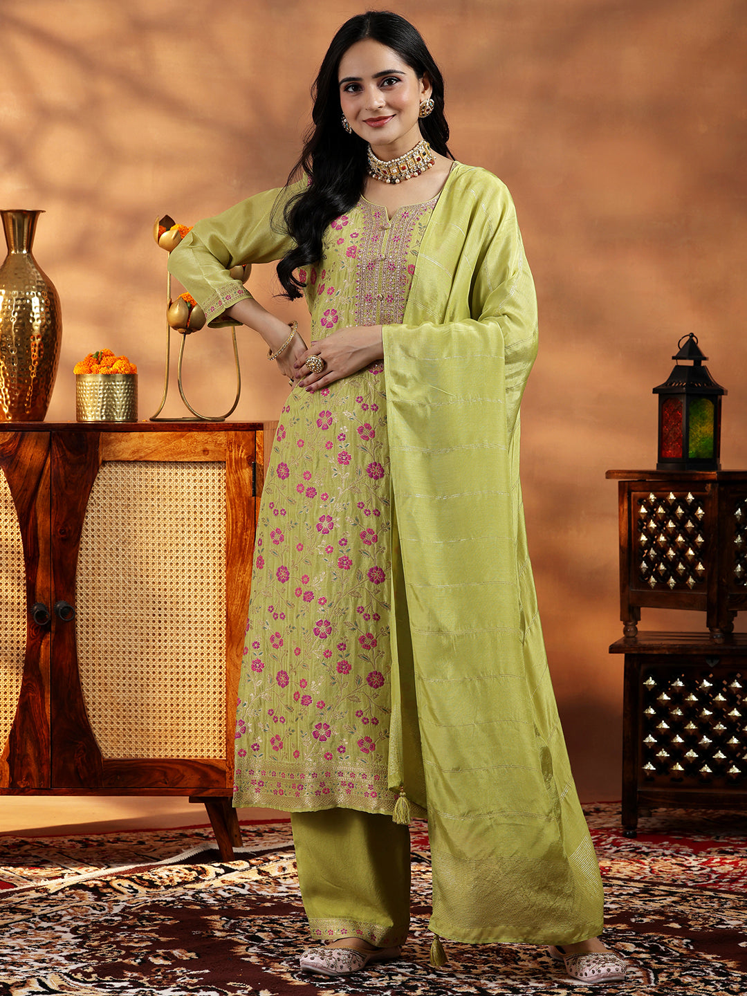 Libas Green Woven Design Silk Blend Straight Suit With Dupatta - view 3