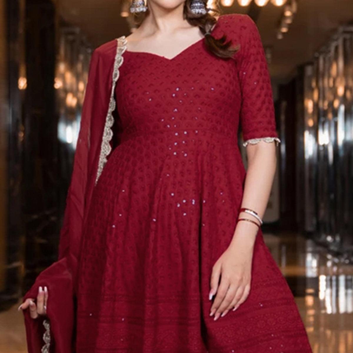Peachmode Seller Maroon Partywear Lucknowi Chikankari Rayon Sharara Suit - view 2