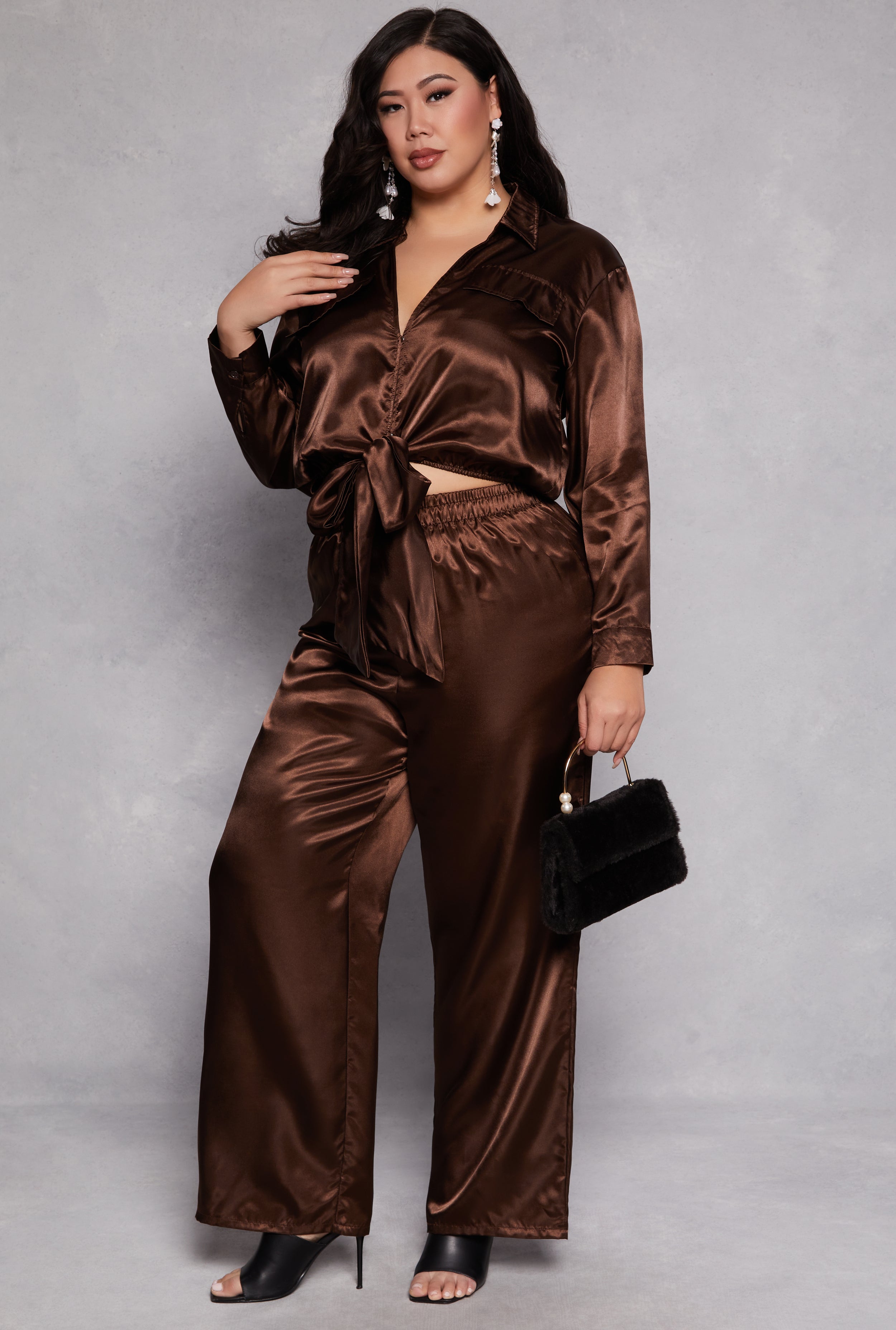 Rainbow Shops Plus Size Satin Crop Top and Pants Set - view 2