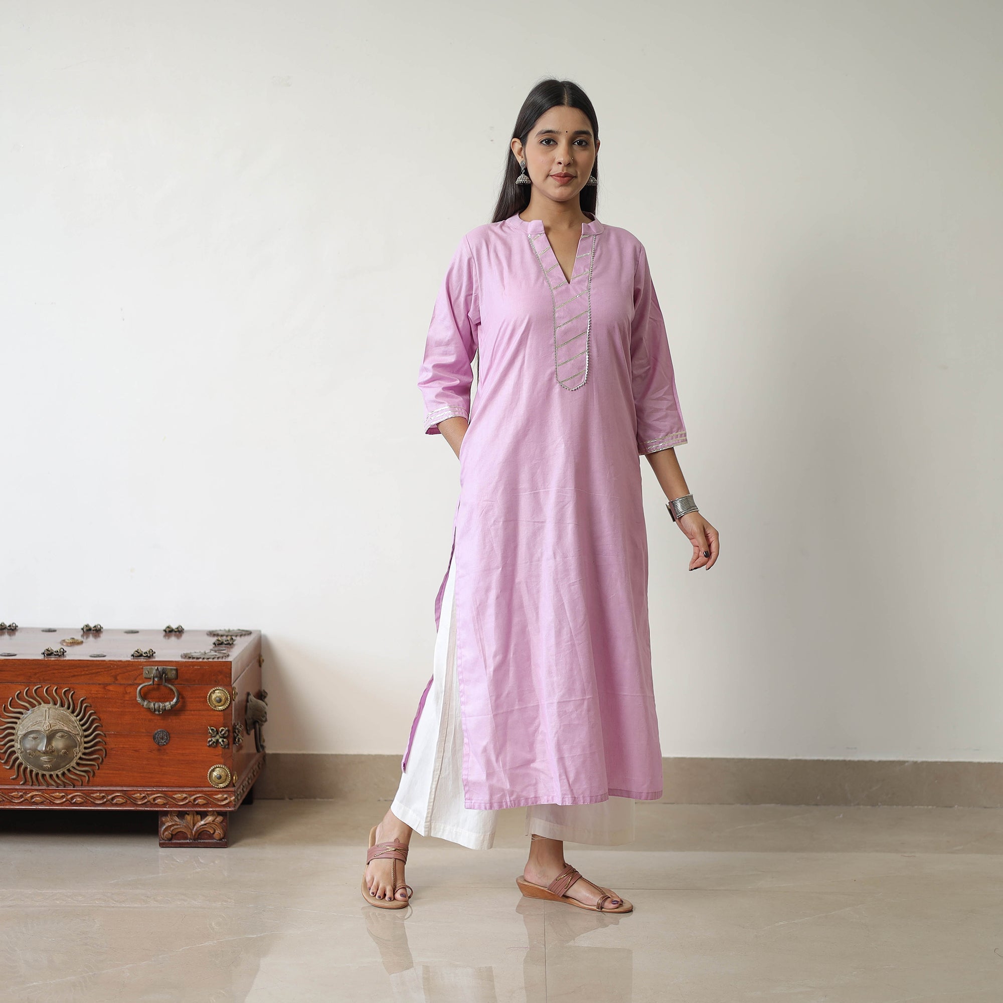 ITOKRI CASUALS Aaliya Purple Linen Cotton Plain Kurta with Gota Work - view 2