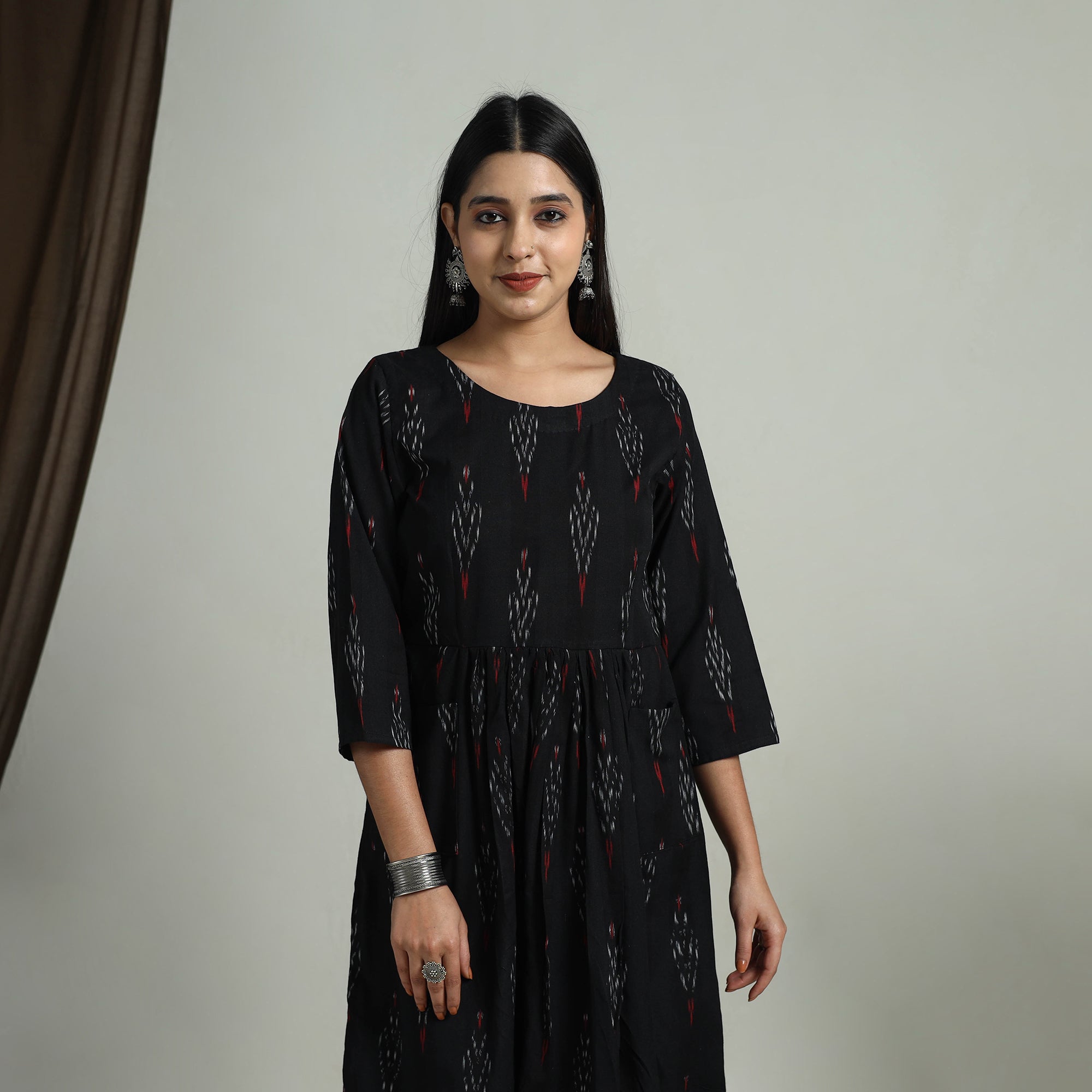 ITOKRI CASUALS Black - Flared Cotton Pochampally Ikat Dress 01