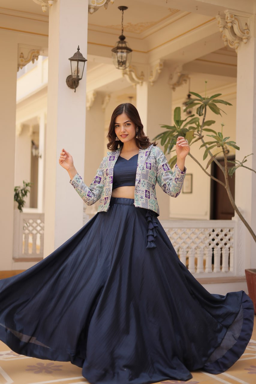 Clothsvilla Navy Blue Chinnon Lehenga Set with Sleeveless Blouse and Jacquard Koti - view 4