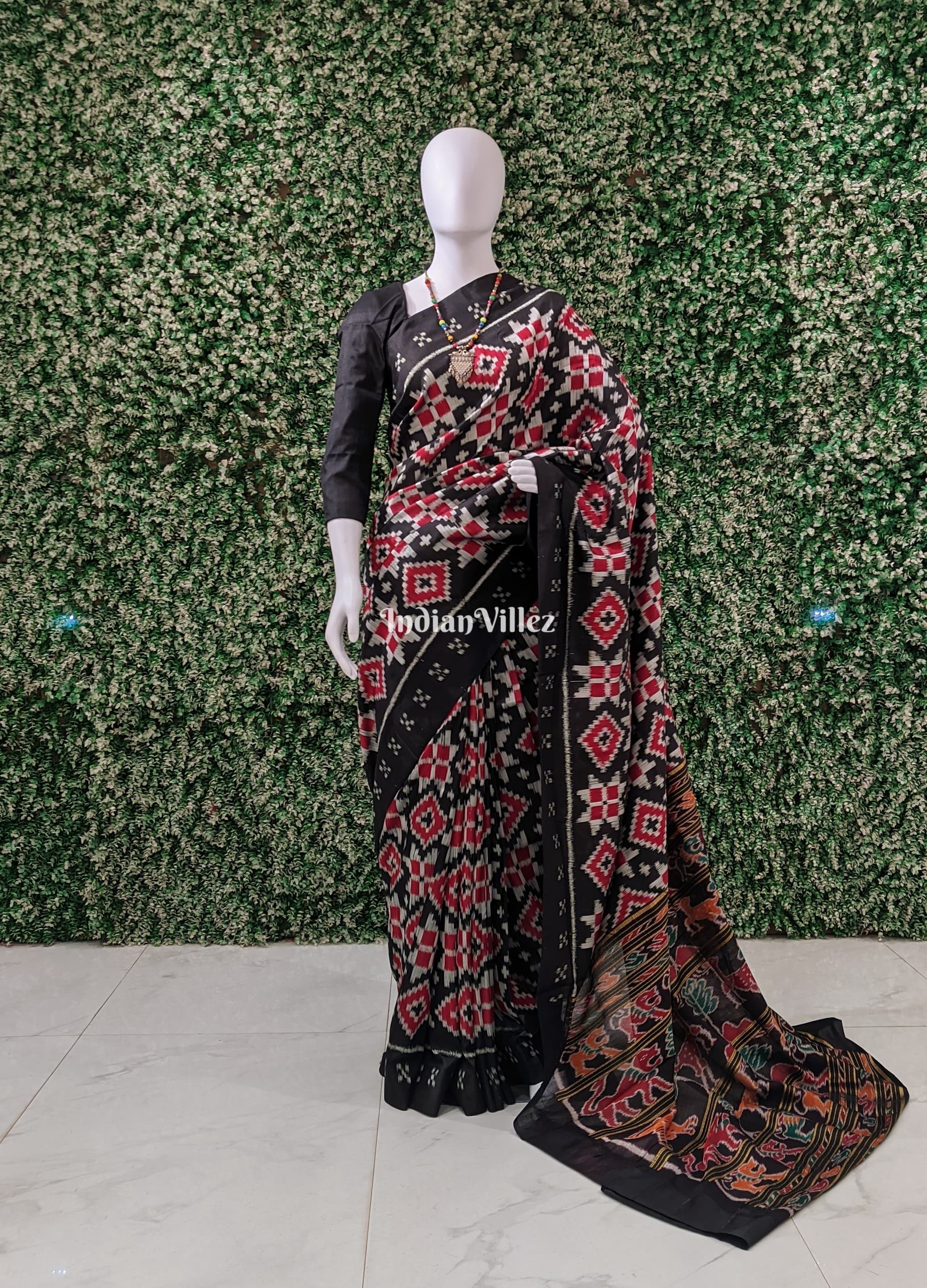 IndianVillèz Black Red Pasapali Odisha Ikat Contemporary Silk Saree with Animal Anchal