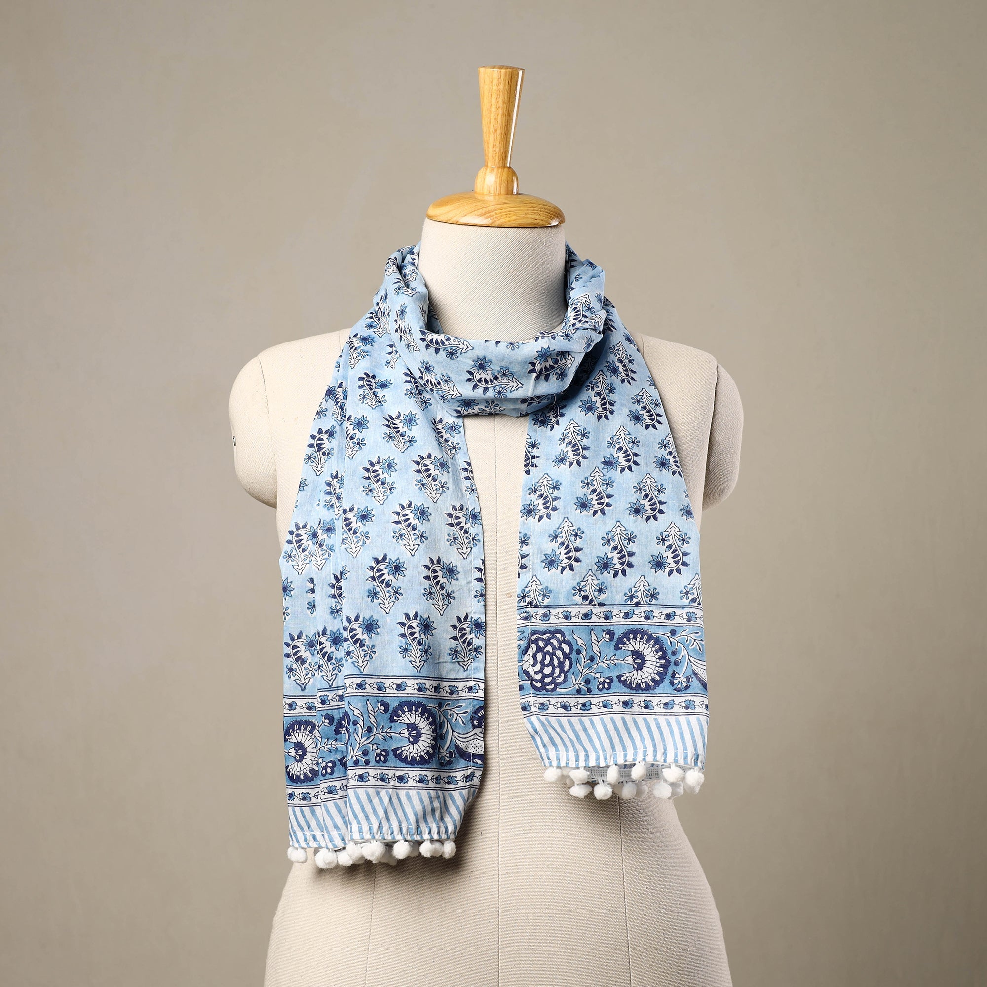 HAVELI CHRONICLES Blue - Block Print Cotton Sanganeri Stole with Pom Pom 41